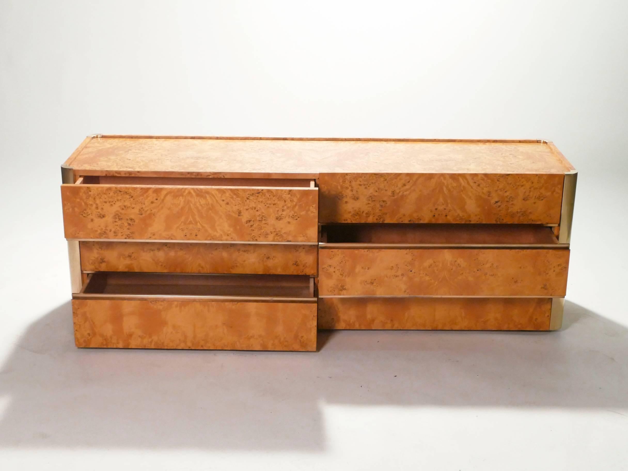 Mid-Century Modern Large Willy Rizzo Brass and Burl Wood Chest of Drawers, 1970s