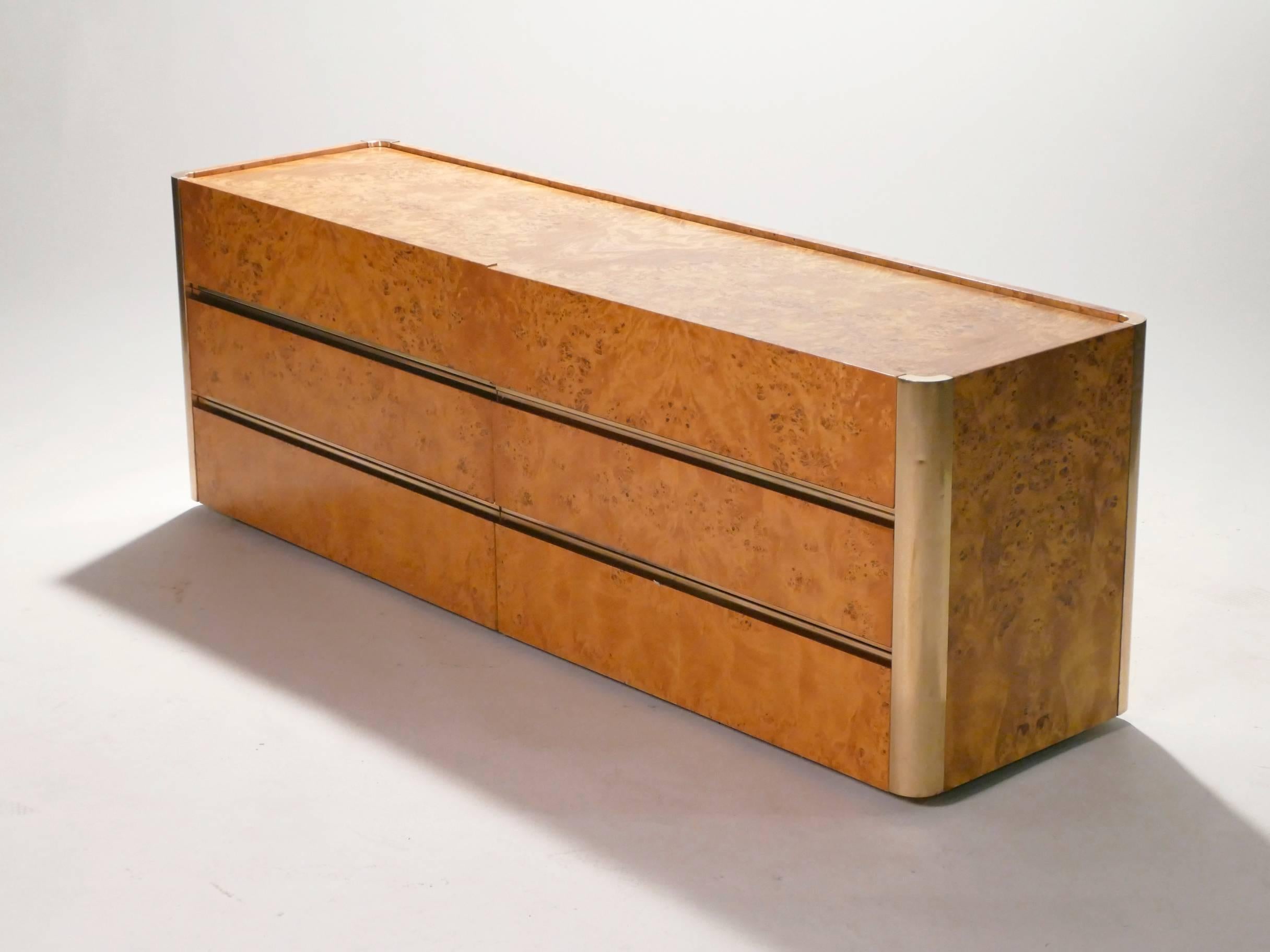 Italian Large Willy Rizzo Brass and Burl Wood Chest of Drawers, 1970s