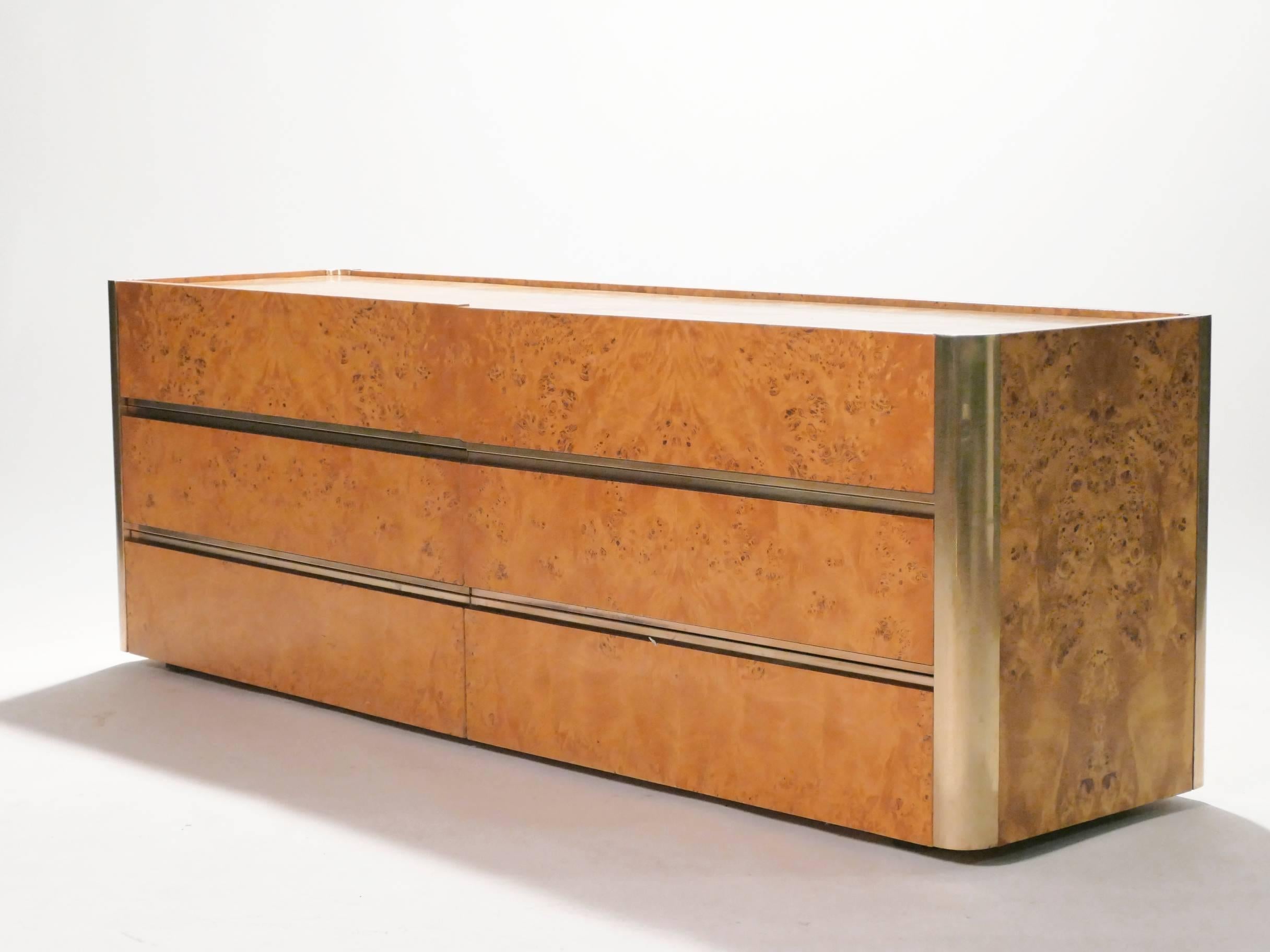 Large Willy Rizzo Brass and Burl Wood Chest of Drawers, 1970s In Excellent Condition In Paris, IDF