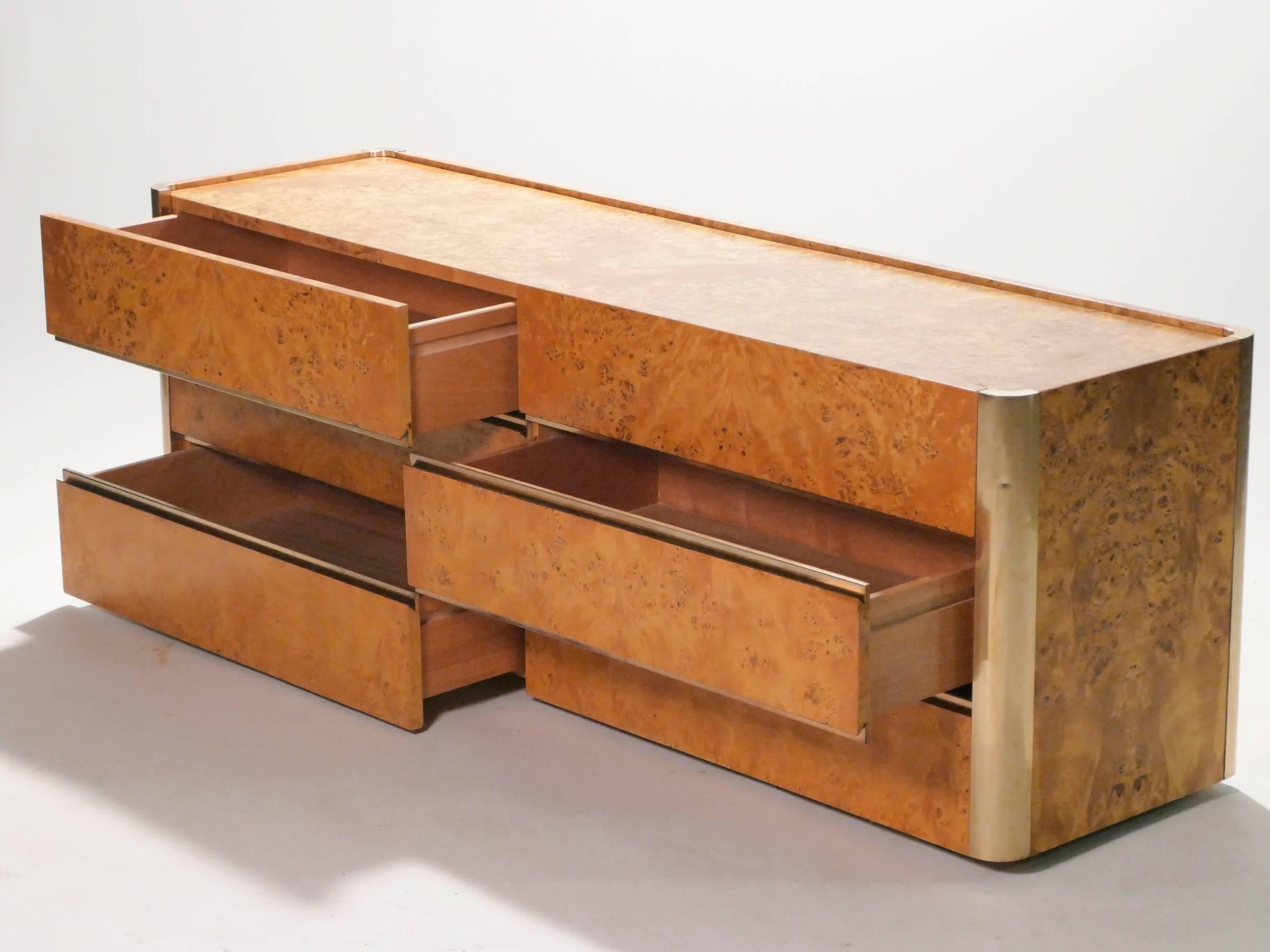Late 20th Century Large Willy Rizzo Brass and Burl Wood Chest of Drawers, 1970s