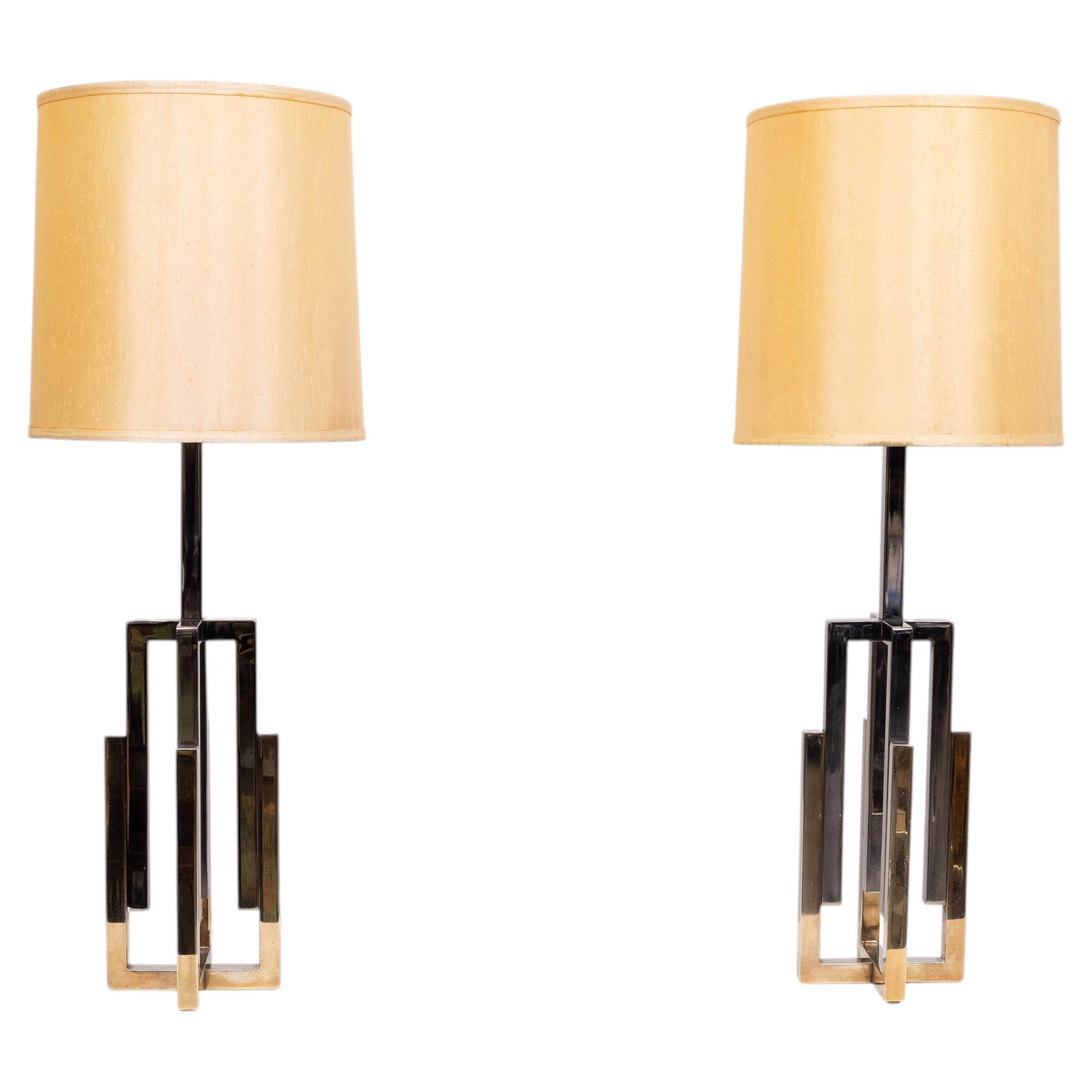 1970s Hollywood Regency Table Lamps by Willy Rizzo, Brass & Chrome