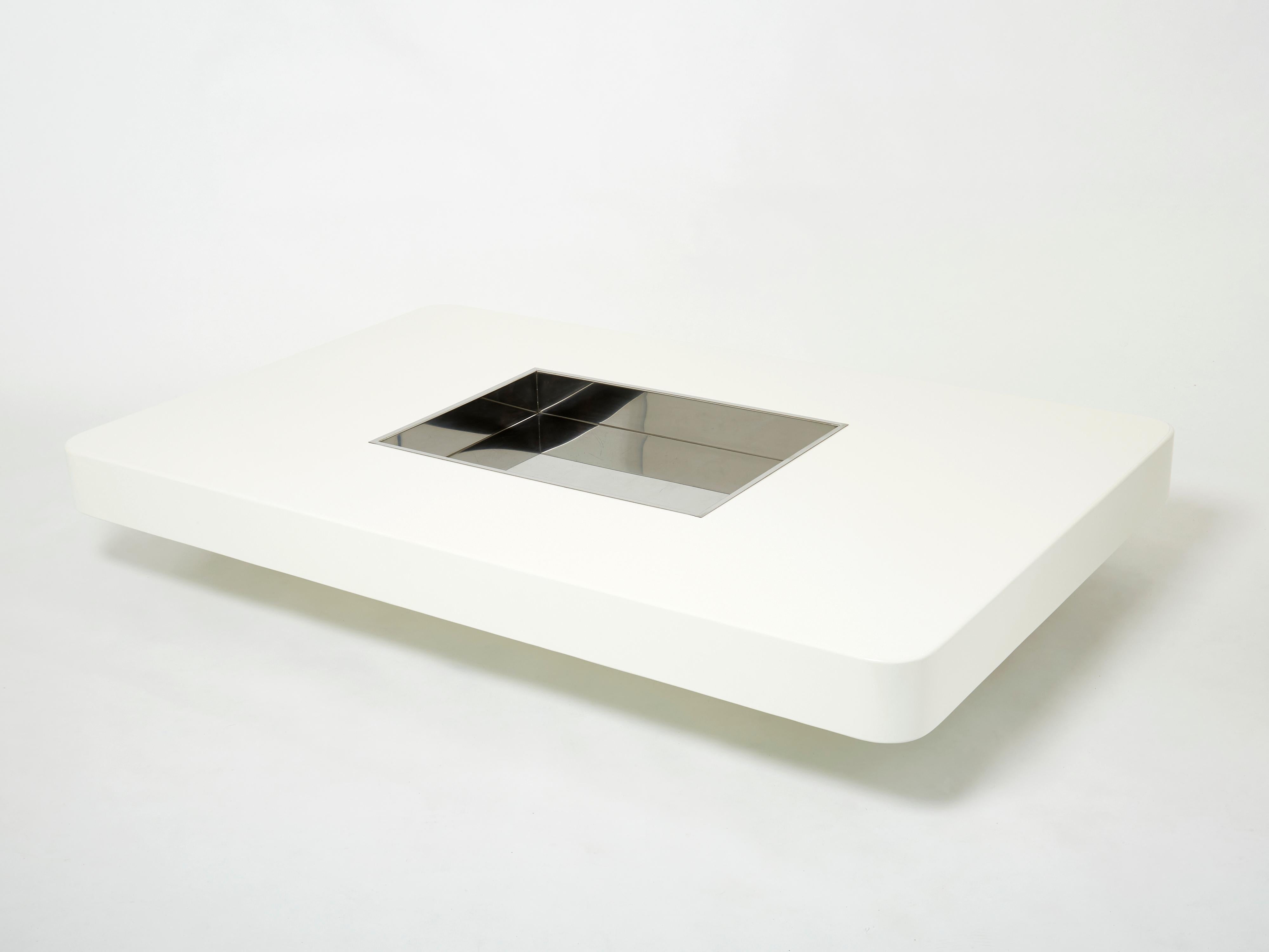 Italian Large Willy Rizzo White Lacquer and Chrome Bar Coffee Table, 1970s