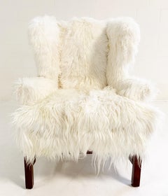 Large Wingback Chair and Ottoman in Angora Goatskin