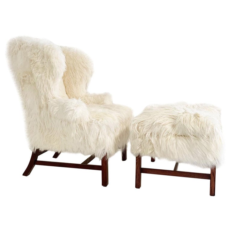 Large Wingback Chair And Ottoman In Angora Goatskin For Sale At