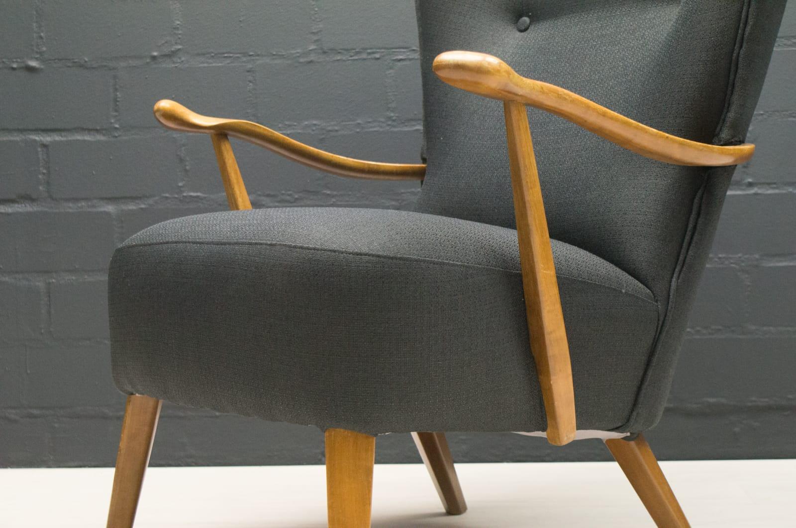 Mid-Century Modern Large Wingback Chair in Anthracite Upholstery with Wooden Armrests, 1950s