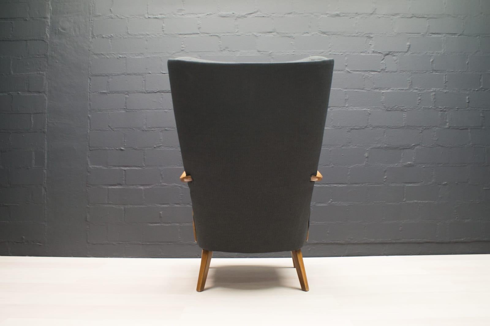 Italian Large Wingback Chair in Anthracite Upholstery with Wooden Armrests, 1950s