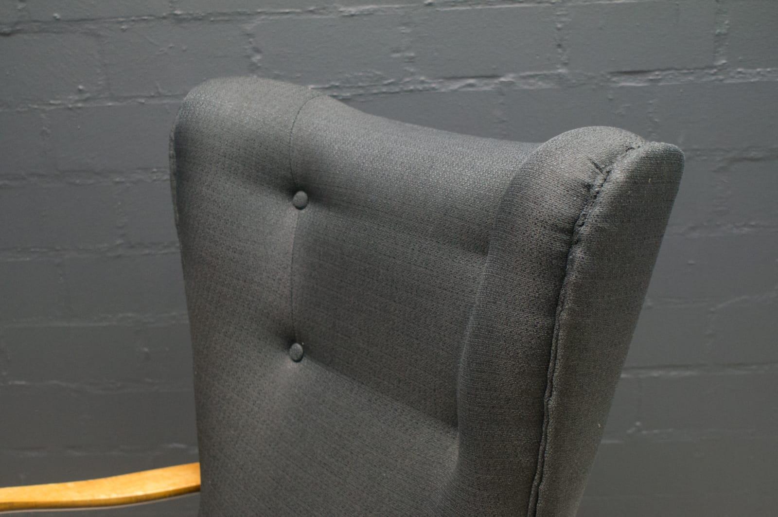 Mid-20th Century Large Wingback Chair in Anthracite Upholstery with Wooden Armrests, 1950s