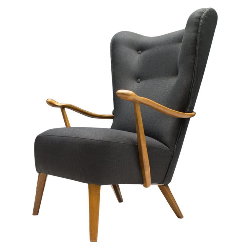 Large Wingback Chair in Anthracite Upholstery with Wooden Armrests, 1950s