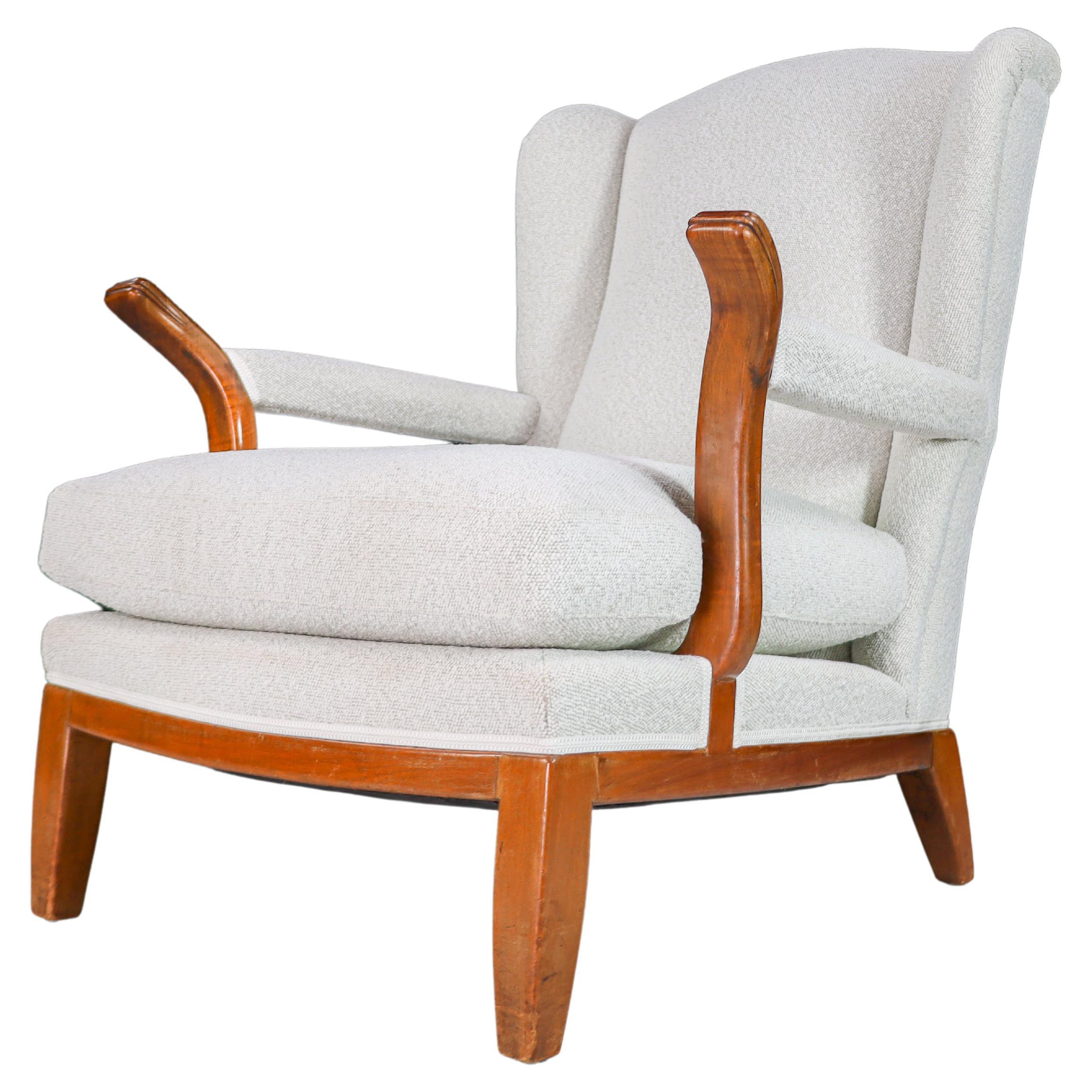 Large Wingback Chair in Walnut and New Bouclé Fabric, France, 1930s For Sale