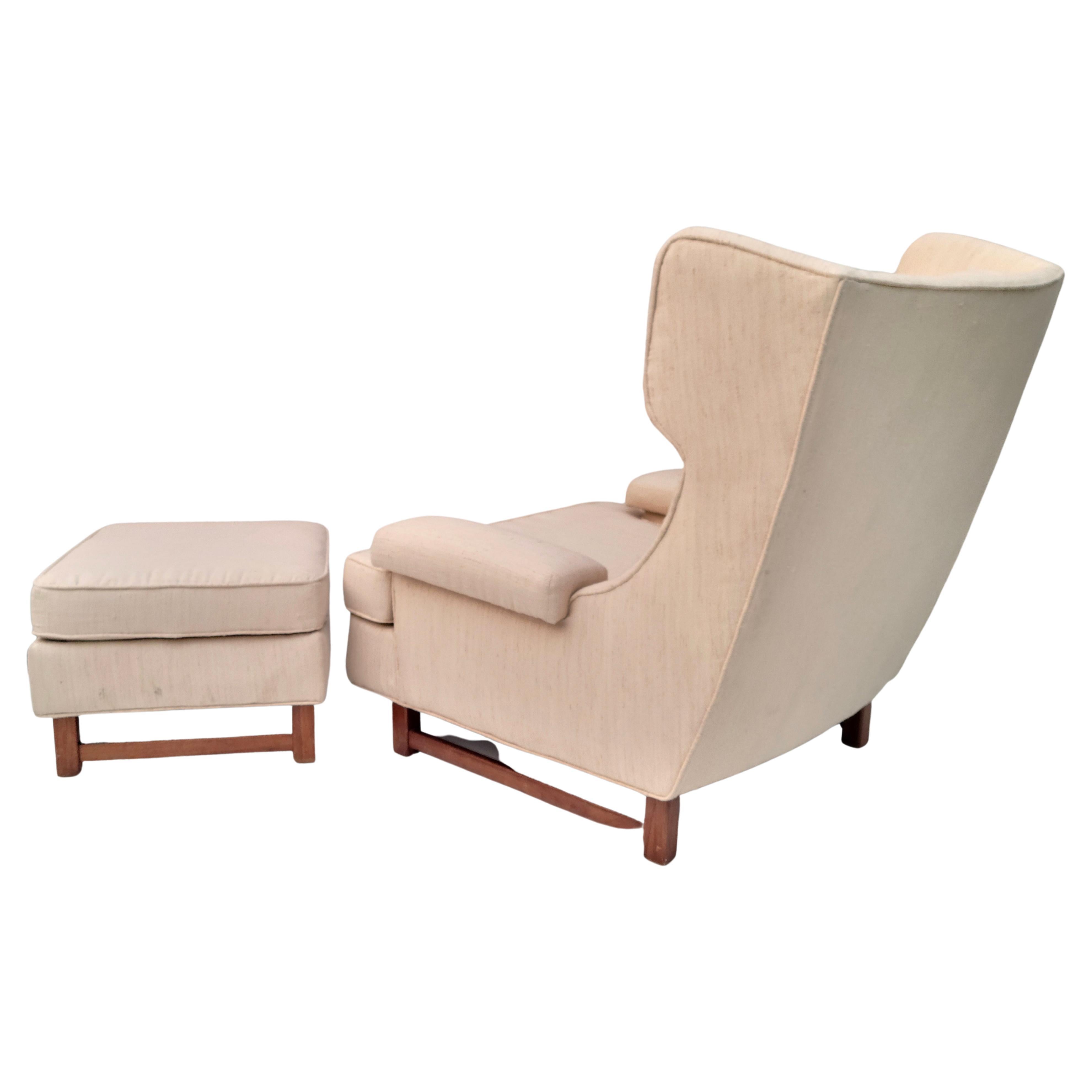 Mid-20th Century Large Wingback Lounge and Ottoman Chair Mid-Century Modern