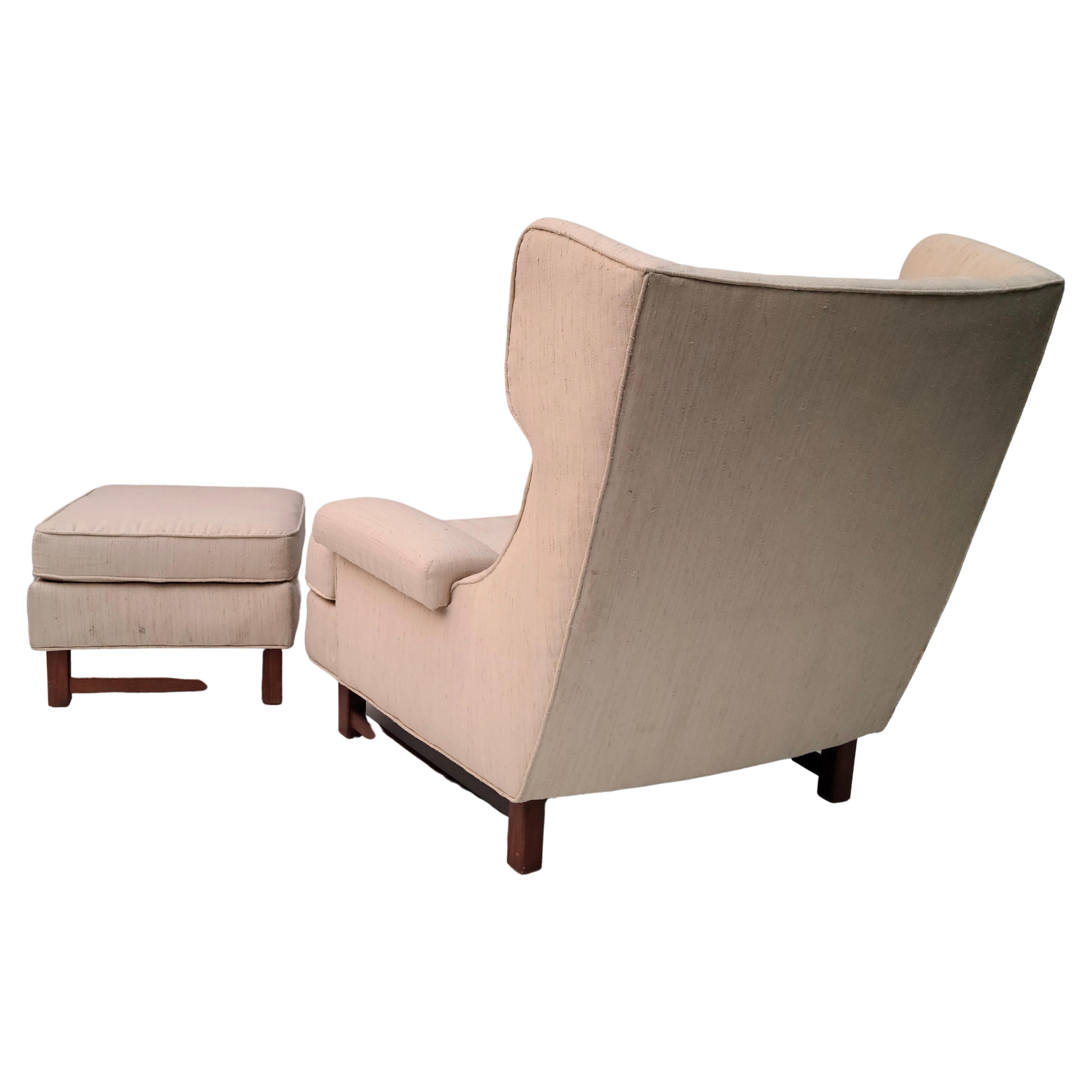 Fabric Large Wingback Lounge and Ottoman Chair Mid-Century Modern
