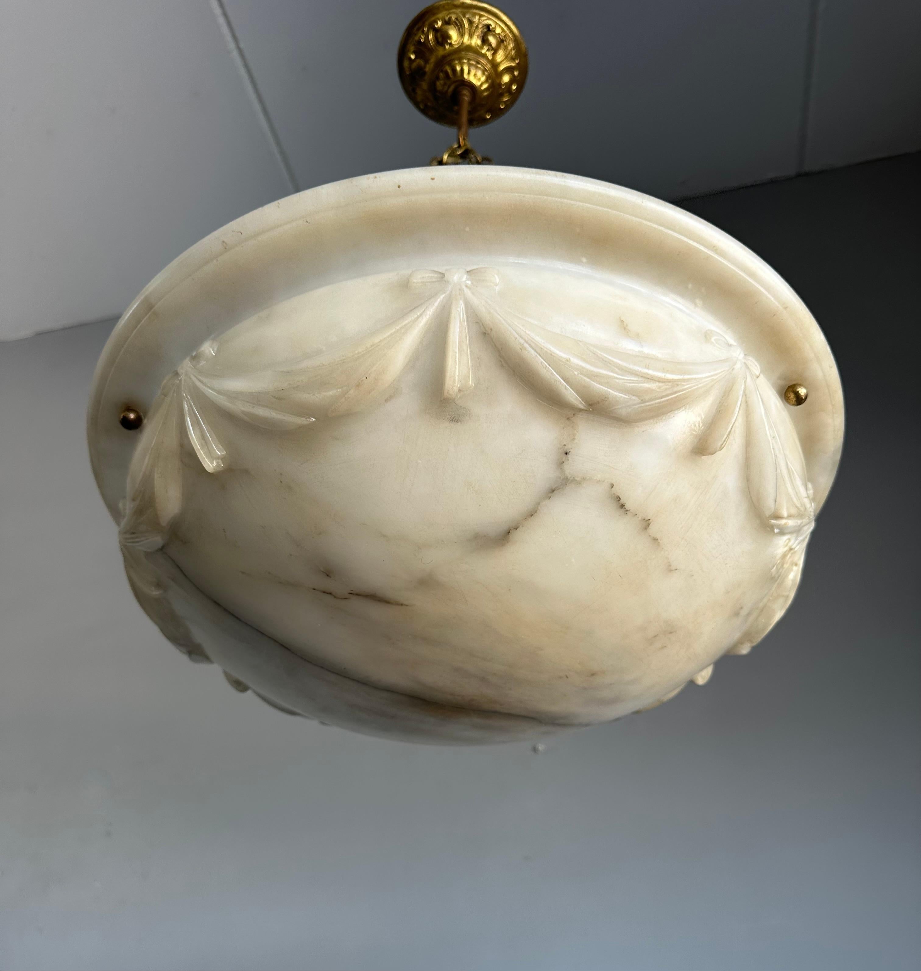 Arts and Crafts Large with Wonderful Carved Drapes Around the Alabaster Shade Pendant Light 1910