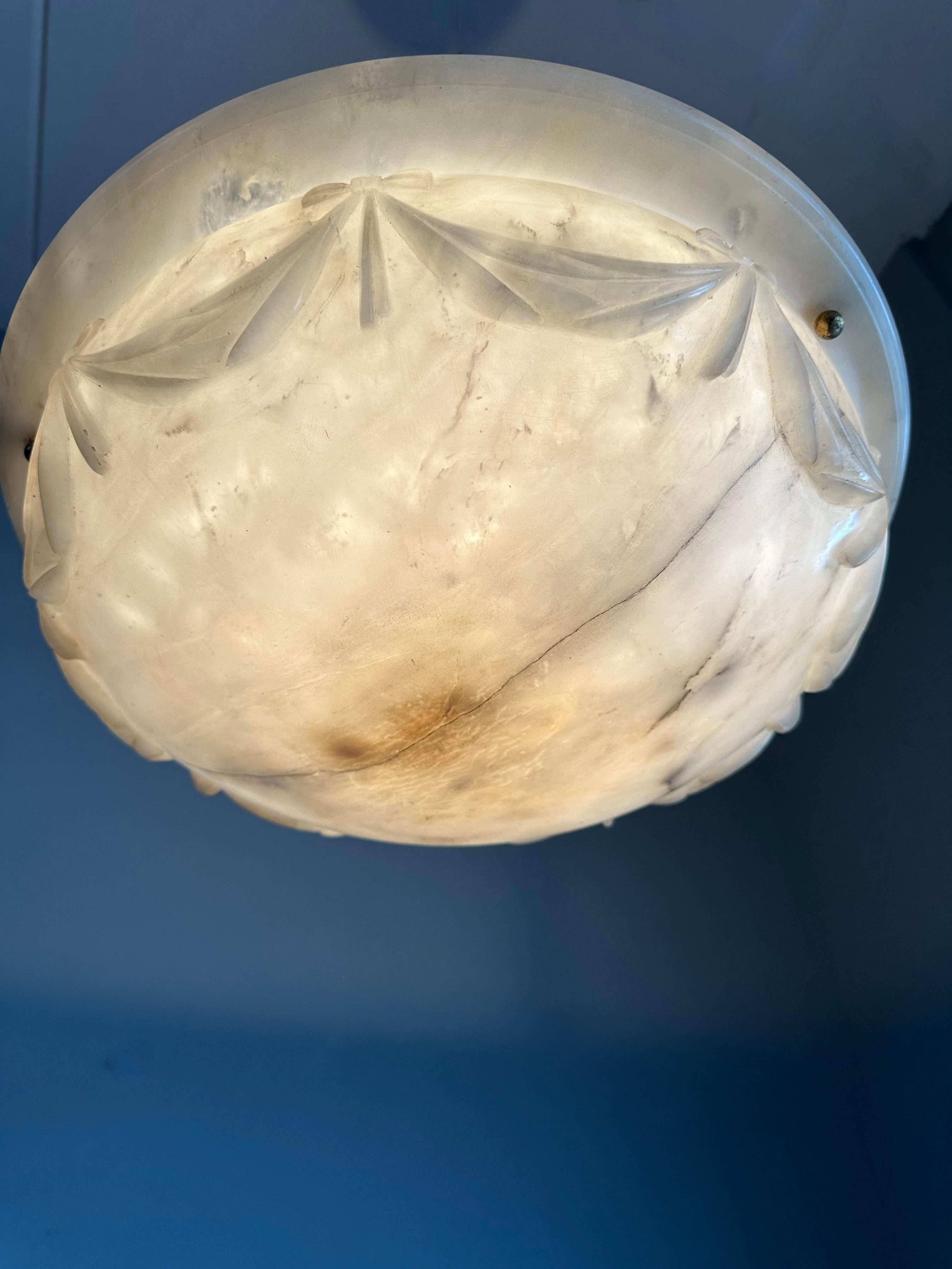 Brass Large with Wonderful Carved Drapes Around the Alabaster Shade Pendant Light 1910