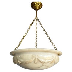 Antique Large with Wonderful Carved Drapes Around the Alabaster Shade Pendant Light 1910