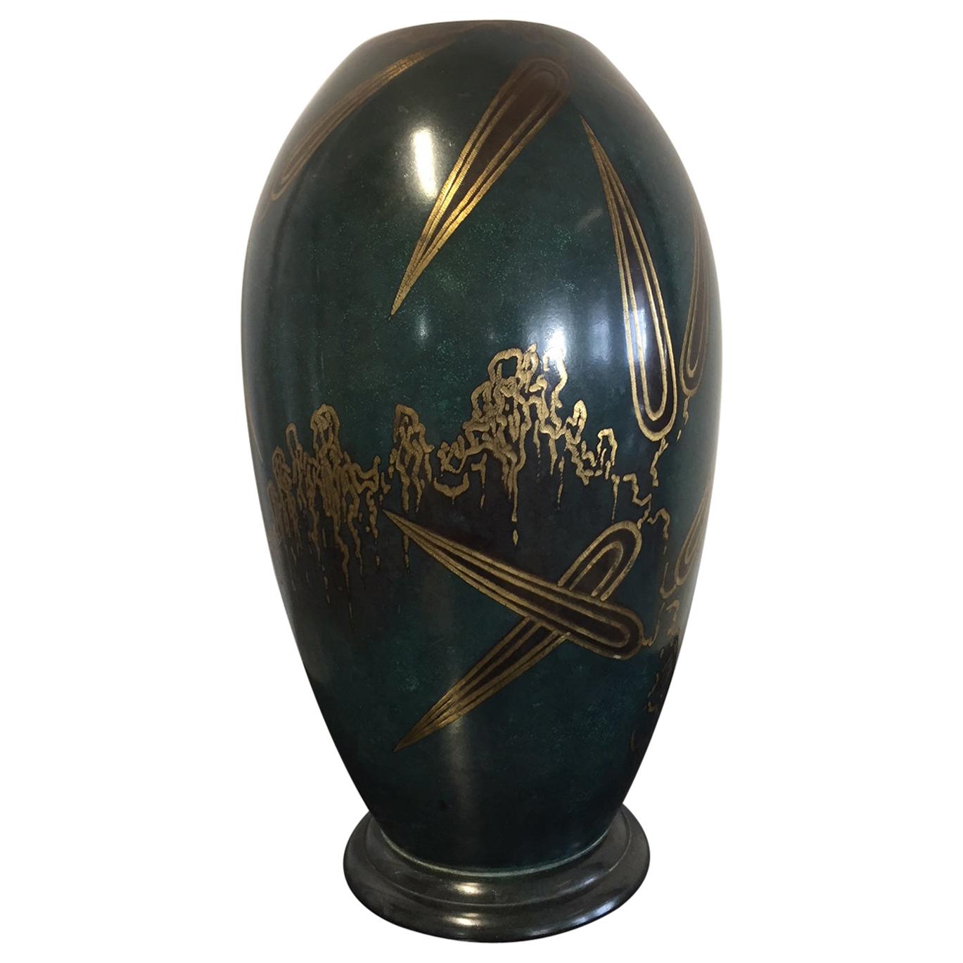 Large WMF Ikora Art Deco Metal Vase Dark Color Emerald Blue Green with Bronze For Sale