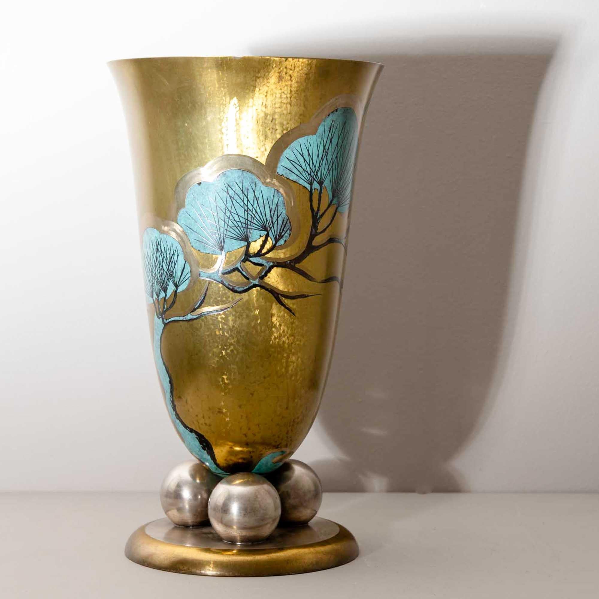 Metal Large WMF Vase with Pine Branch Décor, 1920s/30s For Sale