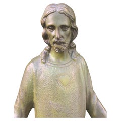 Large & Wonderful Antique Bronze Sacred Heart of Christ Sculpture on Marble Base