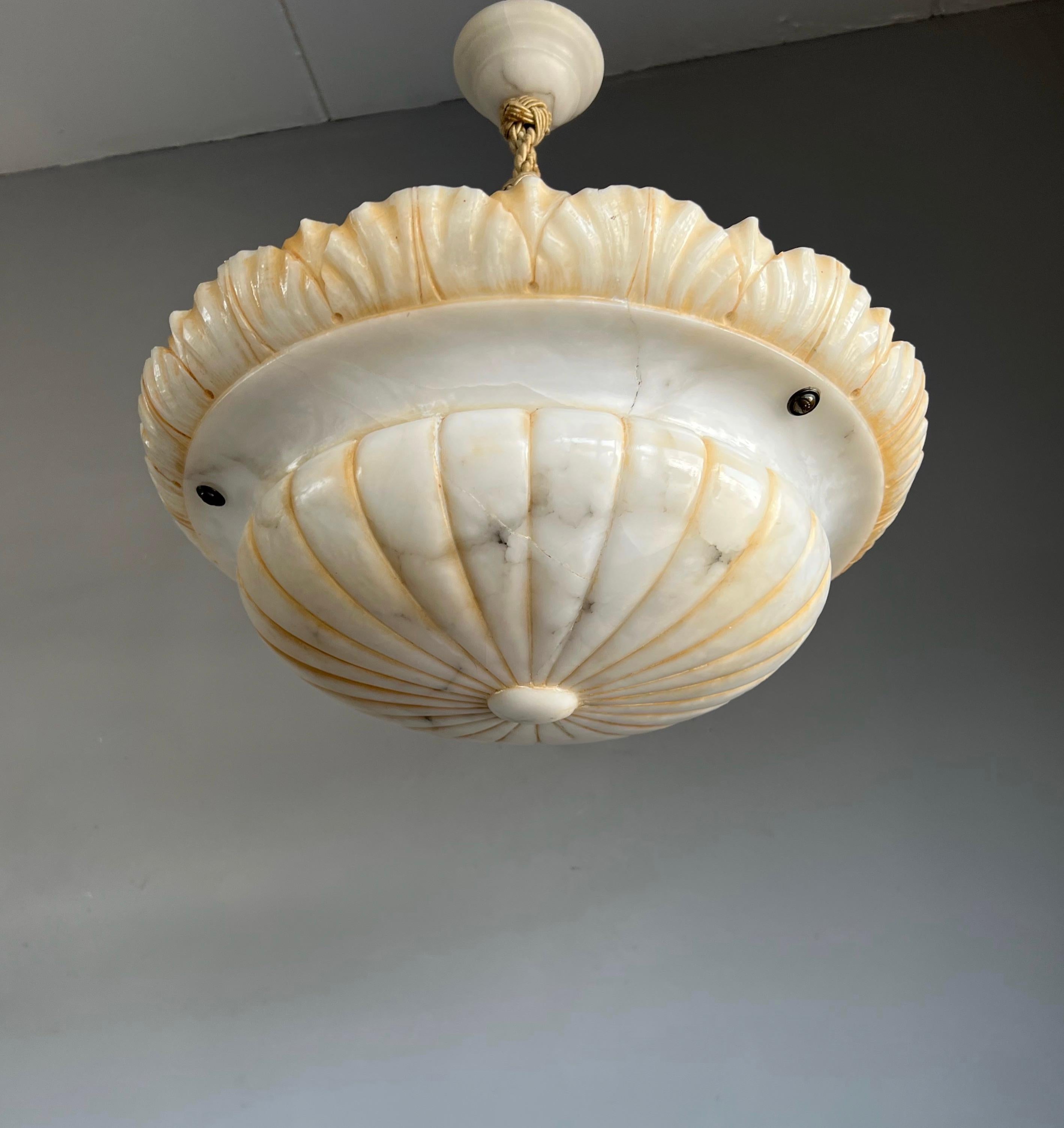 French Large & Wonderful Design Hand Carved White Alabaster Pendant Light / Chandelier 