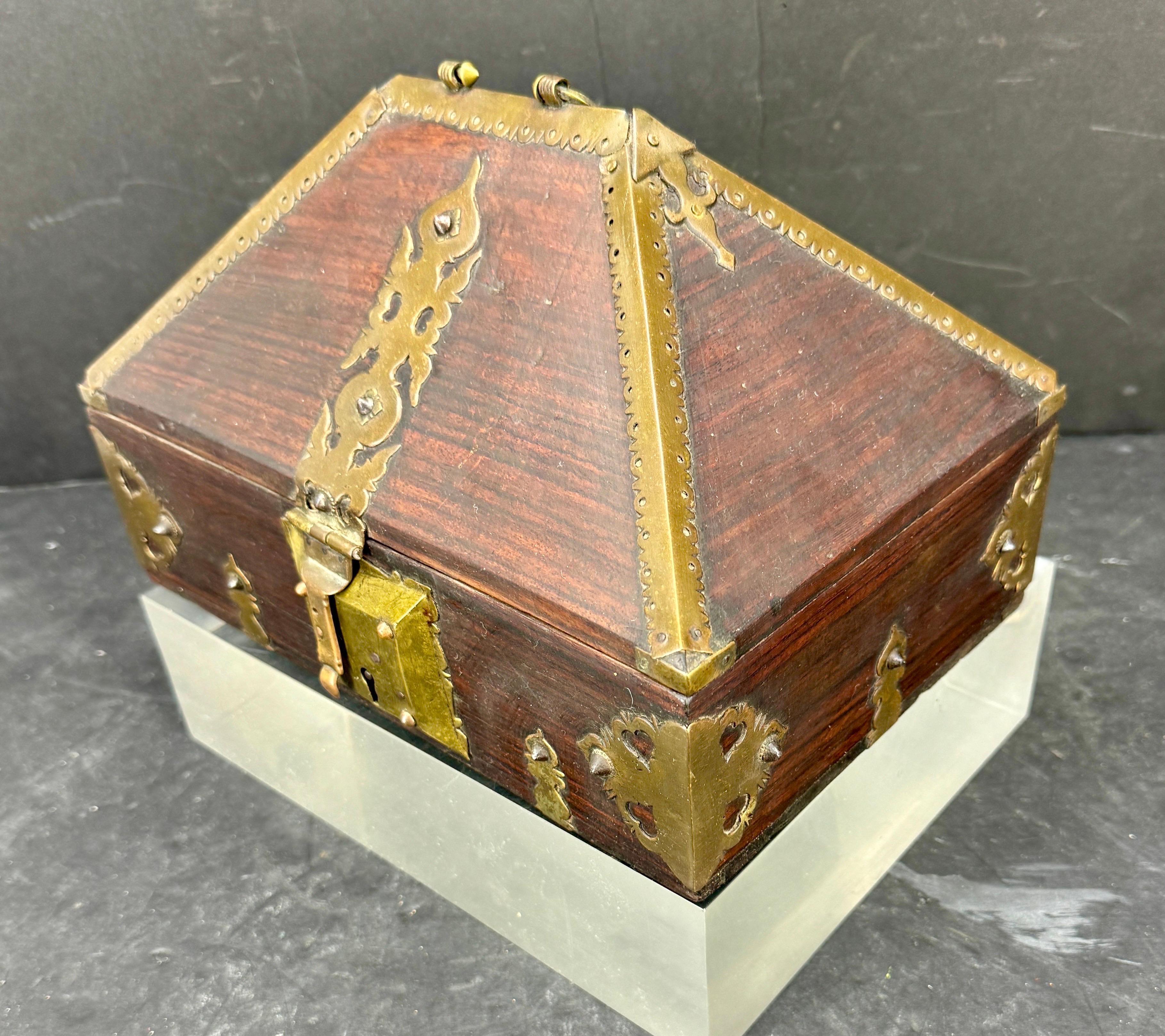 Baroque Large Wood and Brass Pagoda Dowry Chest Box