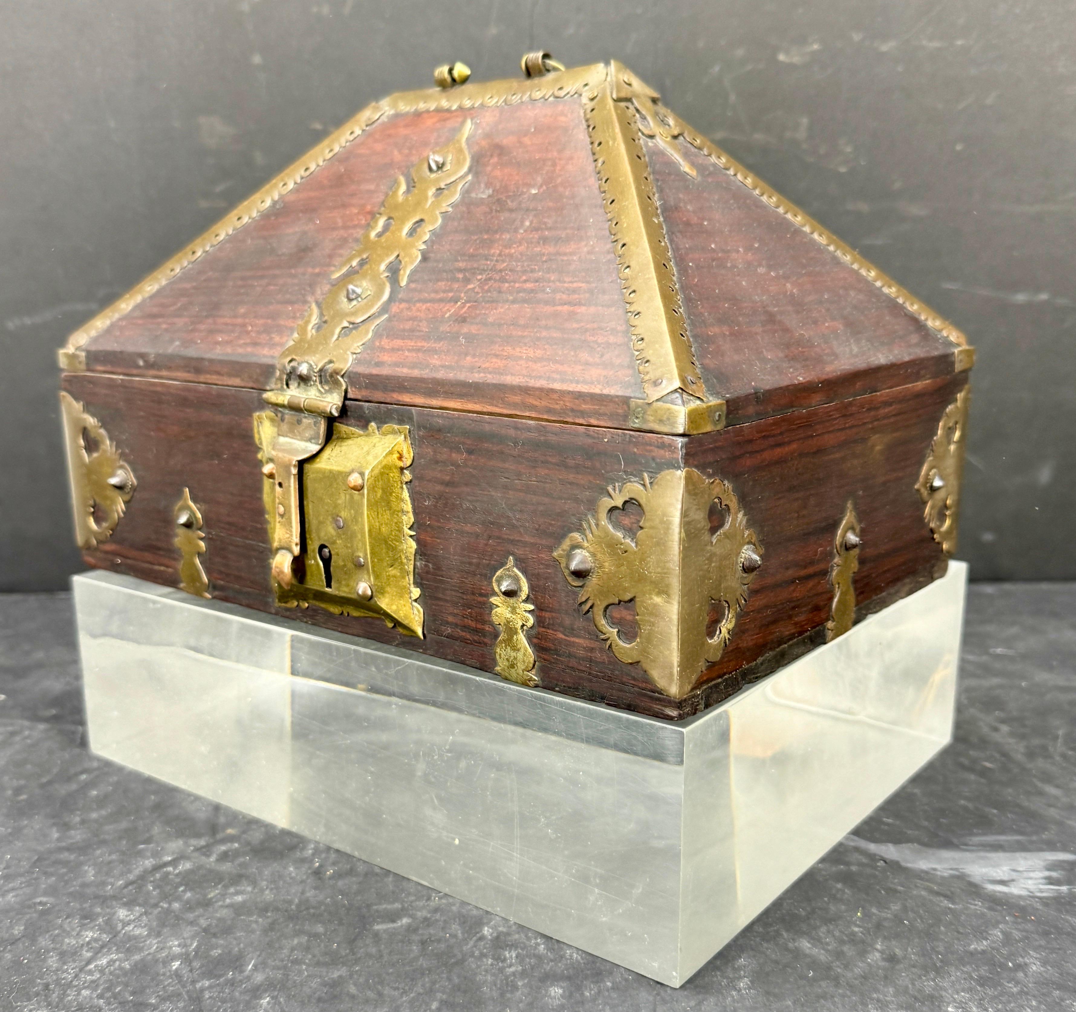 European Large Wood and Brass Pagoda Dowry Chest Box