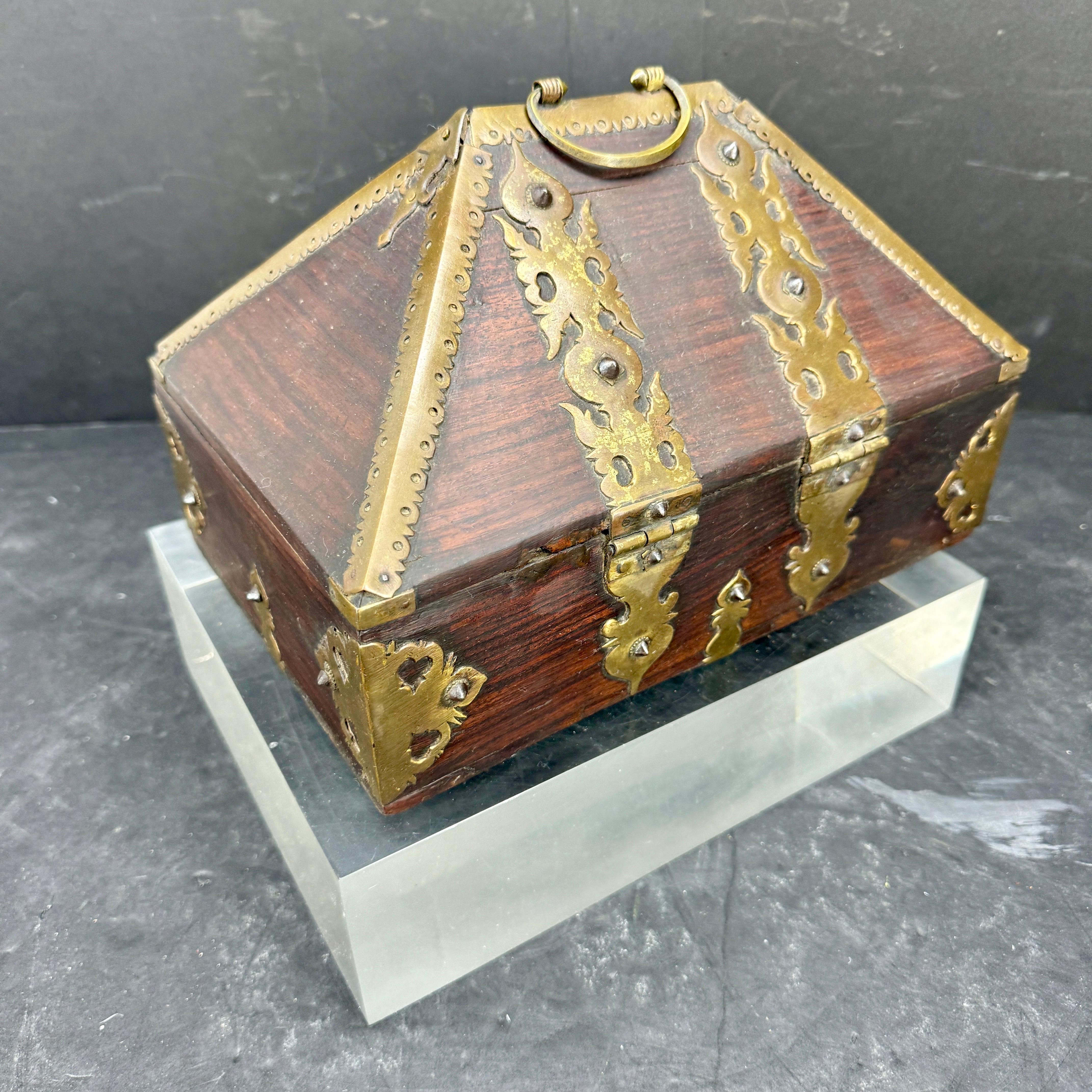 20th Century Large Wood and Brass Pagoda Dowry Chest Box