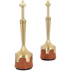 Lámparas de mesa grandes de madera y latón de Laurel, EE.UU., 1969