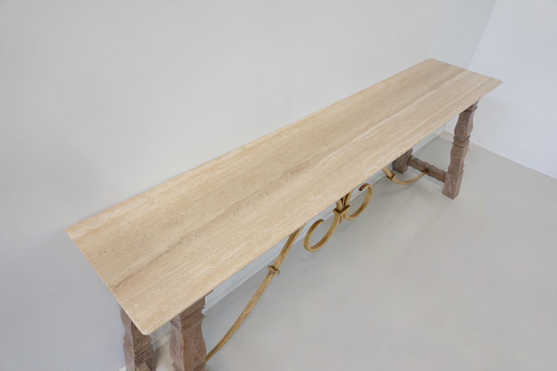 Mid-Century Modern Large Wood and Travertine Console, 1940s For Sale
