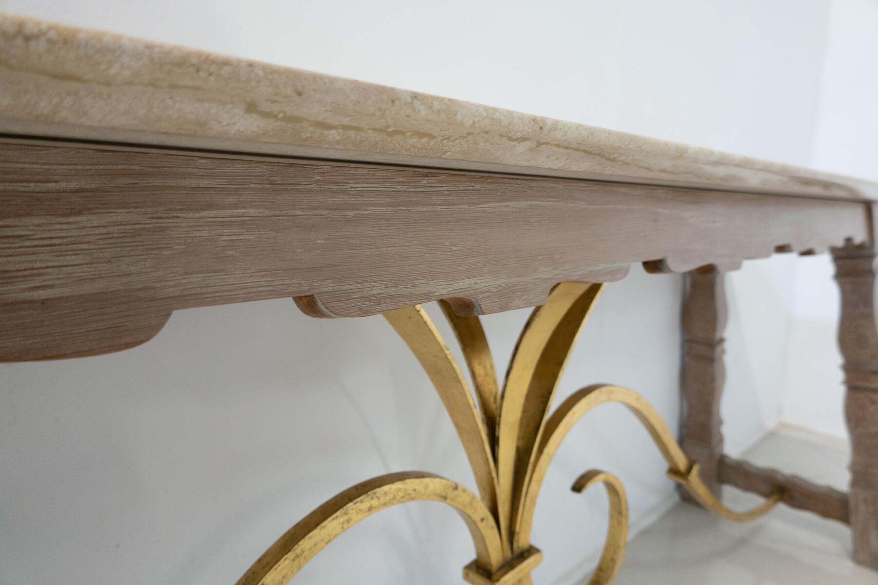 Mid-20th Century Large Wood and Travertine Console, 1940s For Sale