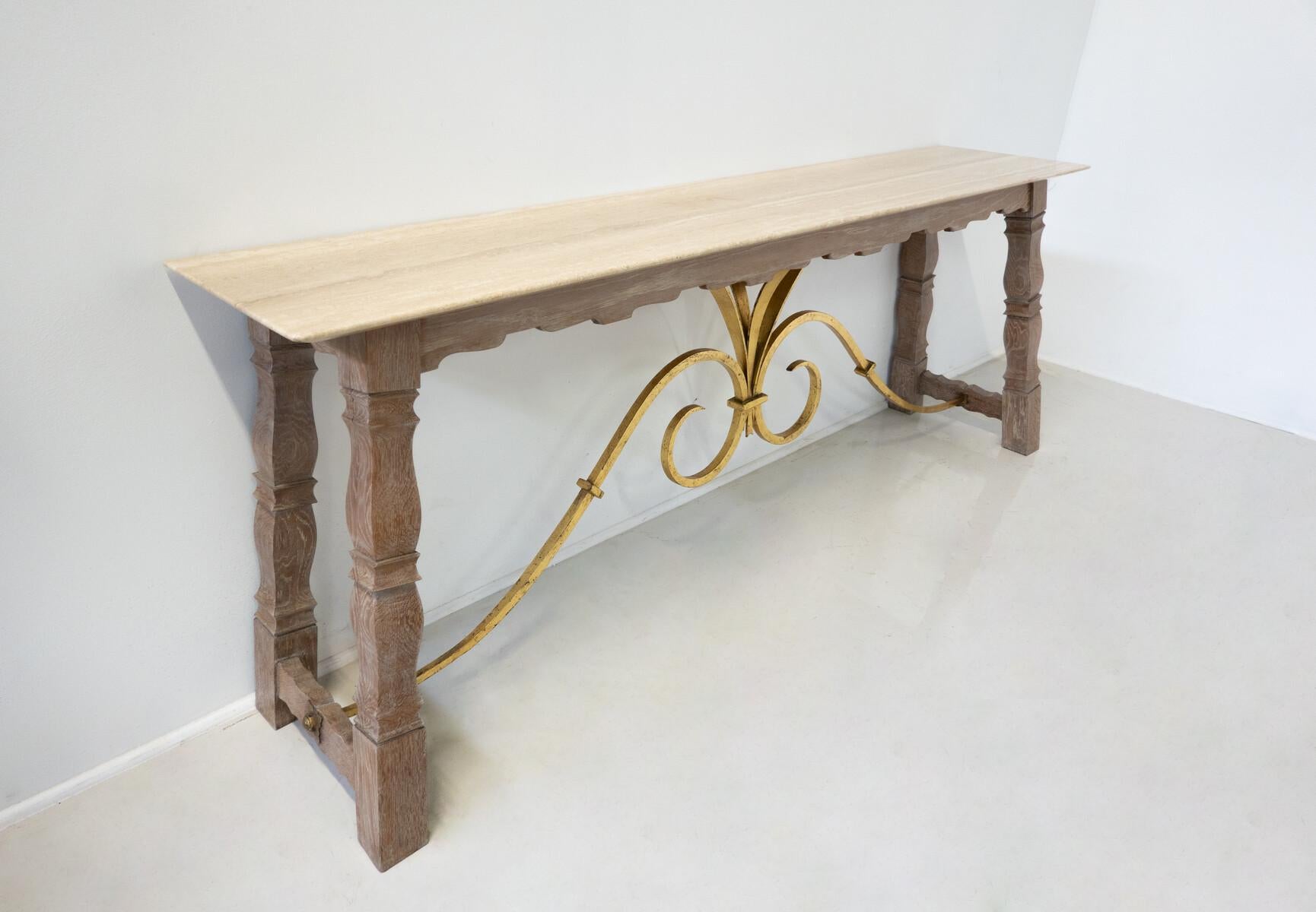 Large Wood and Travertine Console, 1940s For Sale 4