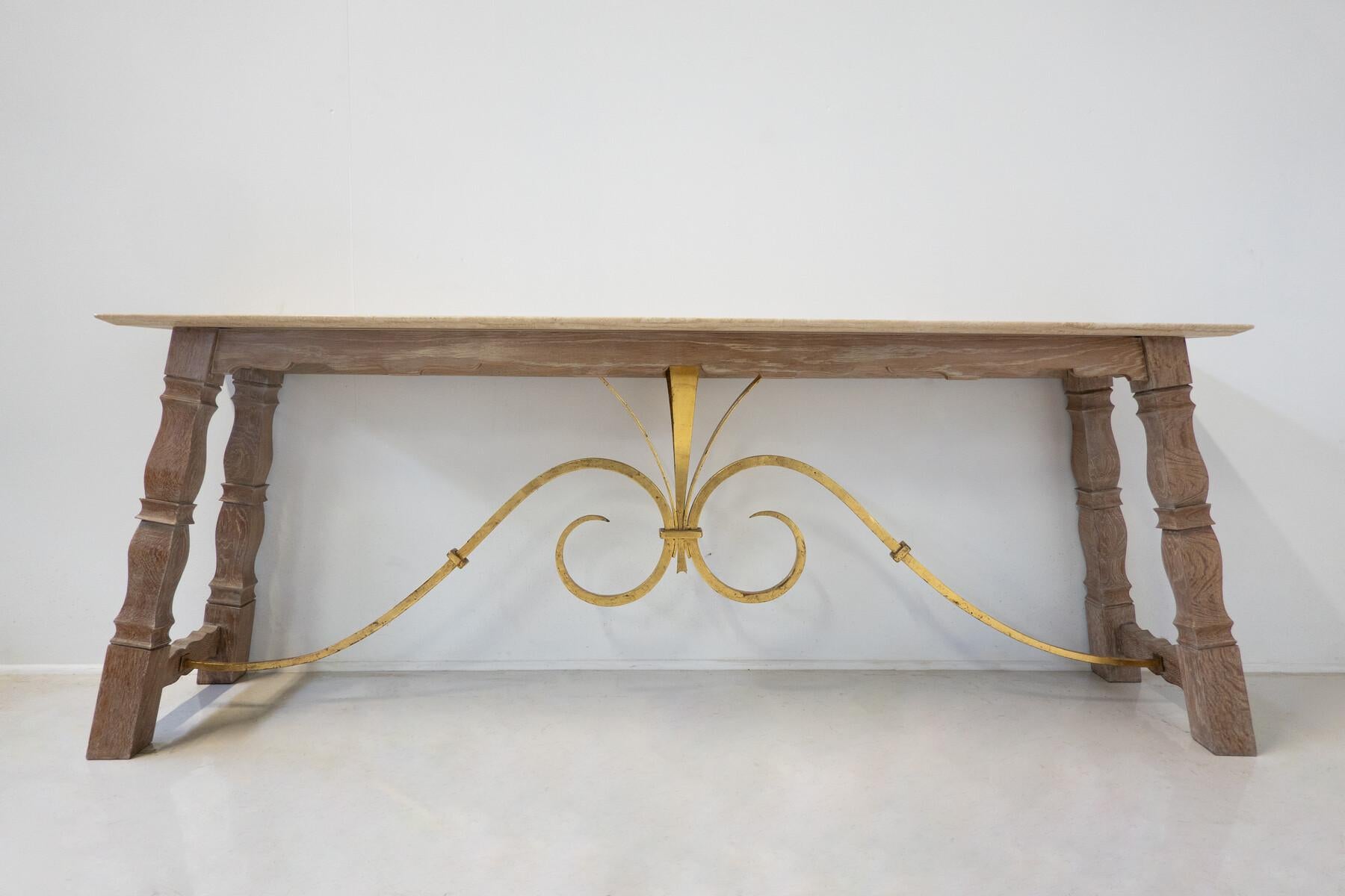 Large Wood and Travertine Console, 1940s For Sale 5