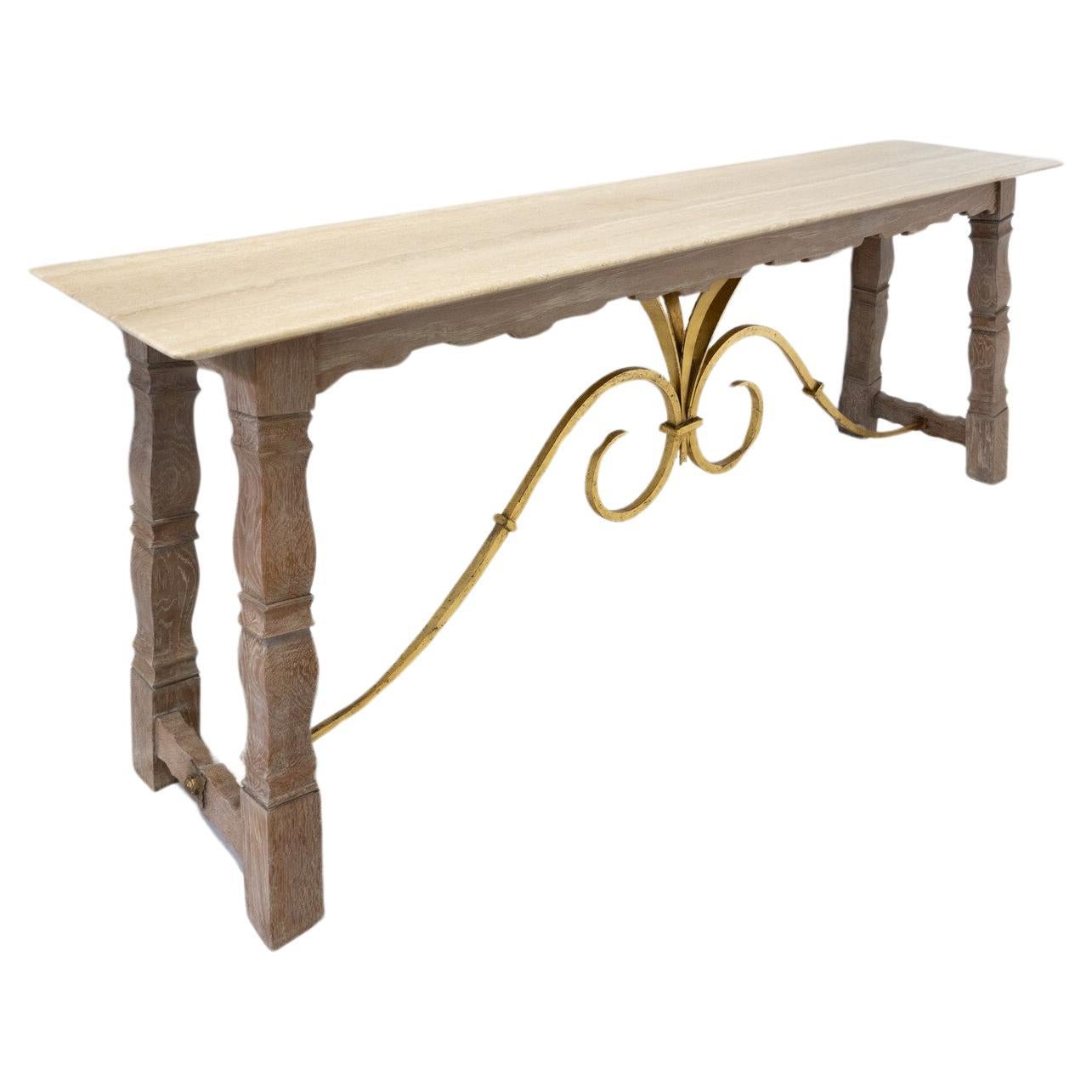 Large Wood and Travertine Console, 1940s For Sale