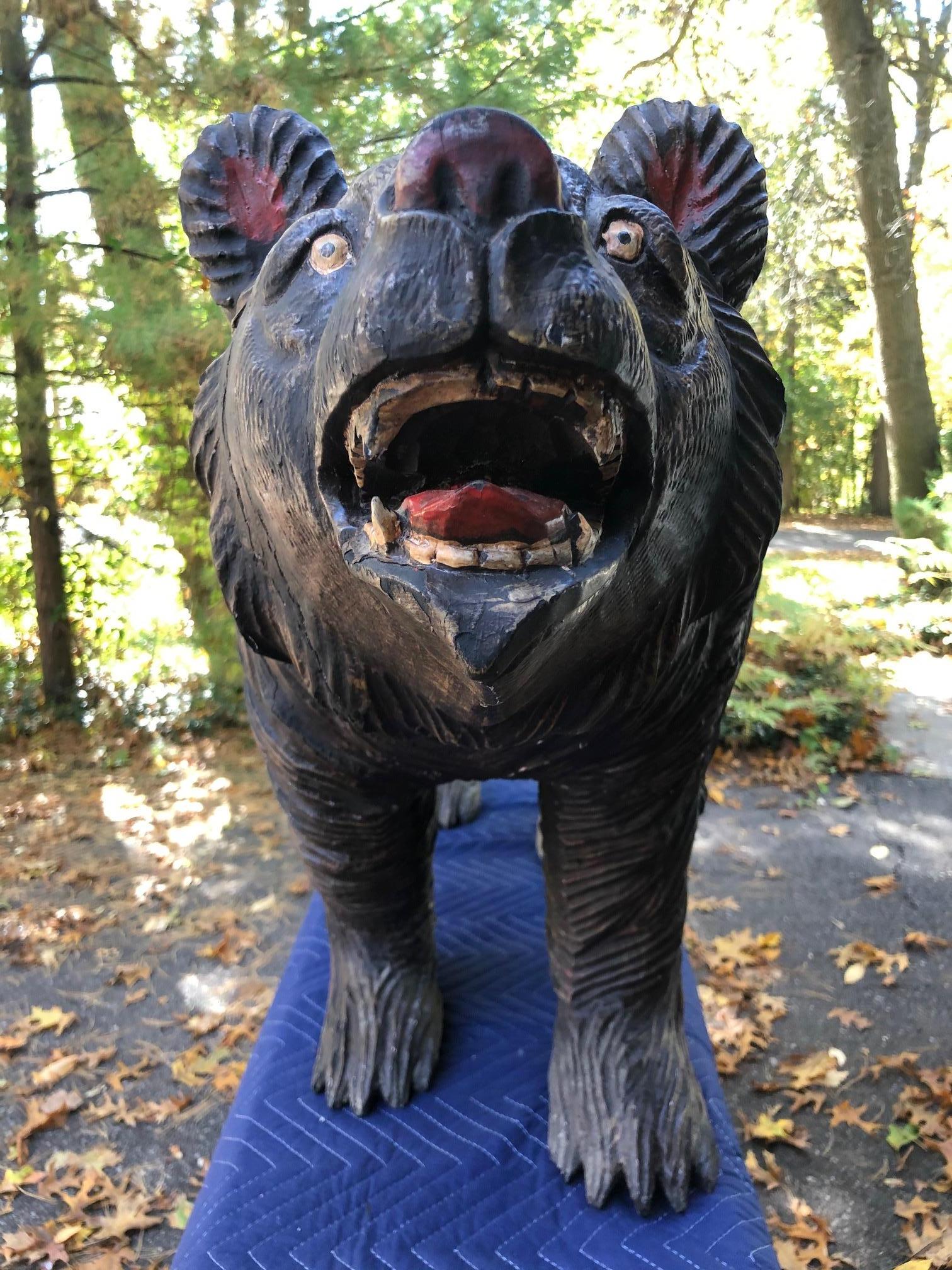 Folk Art Large Wood Carved and Polychrome Painted Carousel Bear