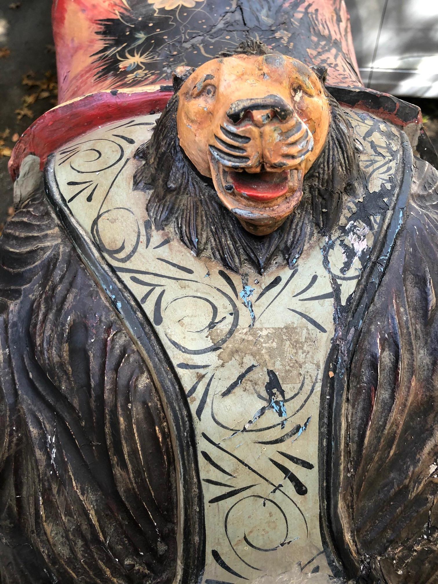 Large Wood Carved and Polychrome Painted Carousel Bear In Good Condition In Wiscasset, ME