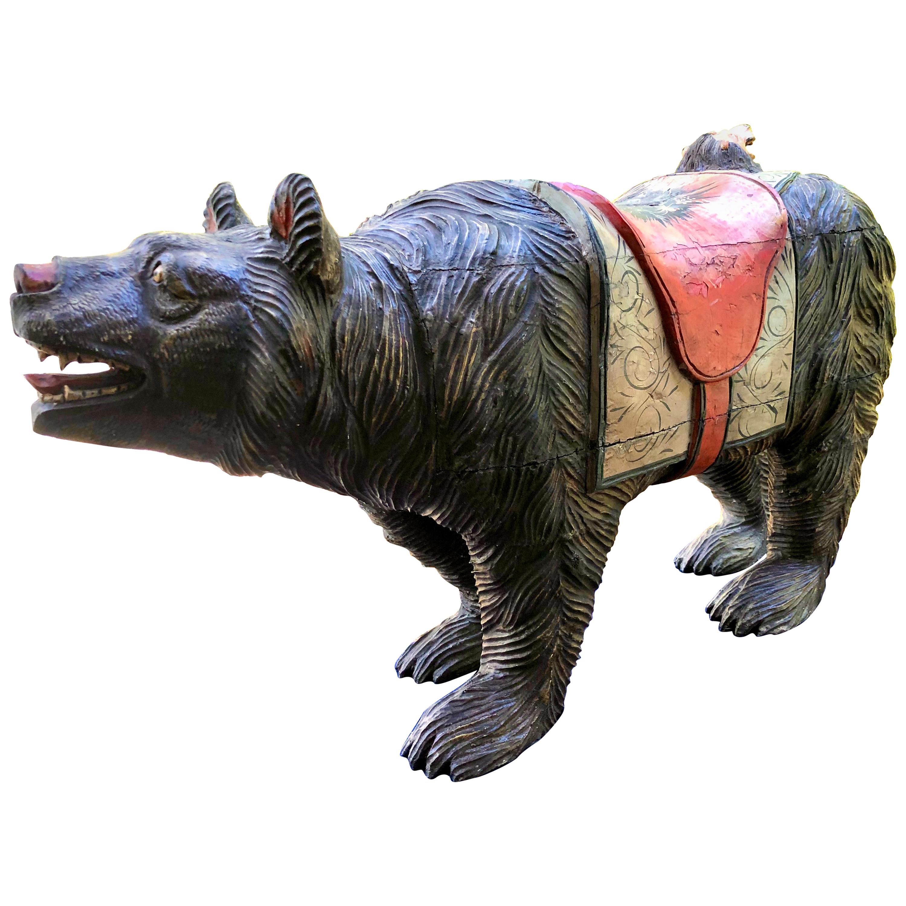 Large Wood Carved and Polychrome Painted Carousel Bear