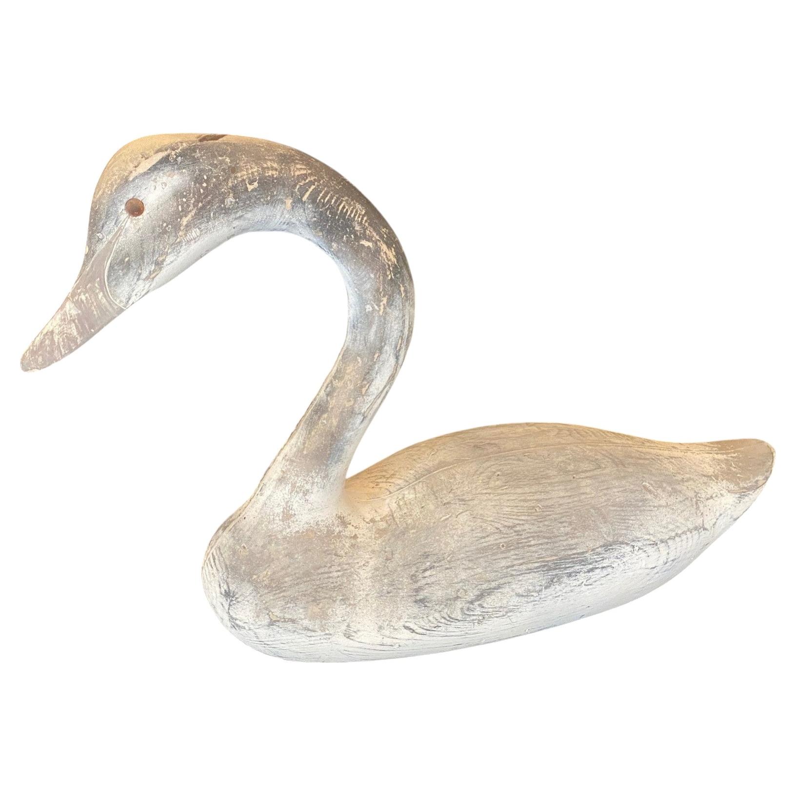 Large Wood Carved & Painted Folk Art Vintage Rustic Wood Swan Decoy Sculpture