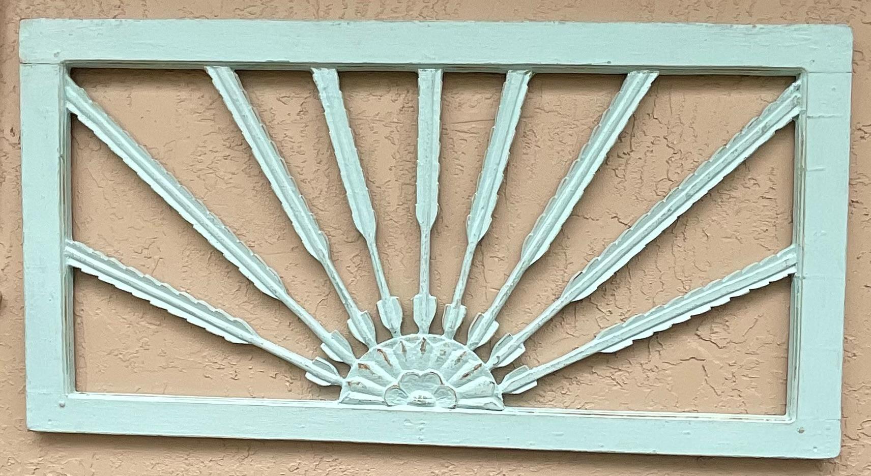 Beautiful architectural wall hanging, hand-carved of arrows motif ,and hand painted with light green Color.
Great object of art for wall display.