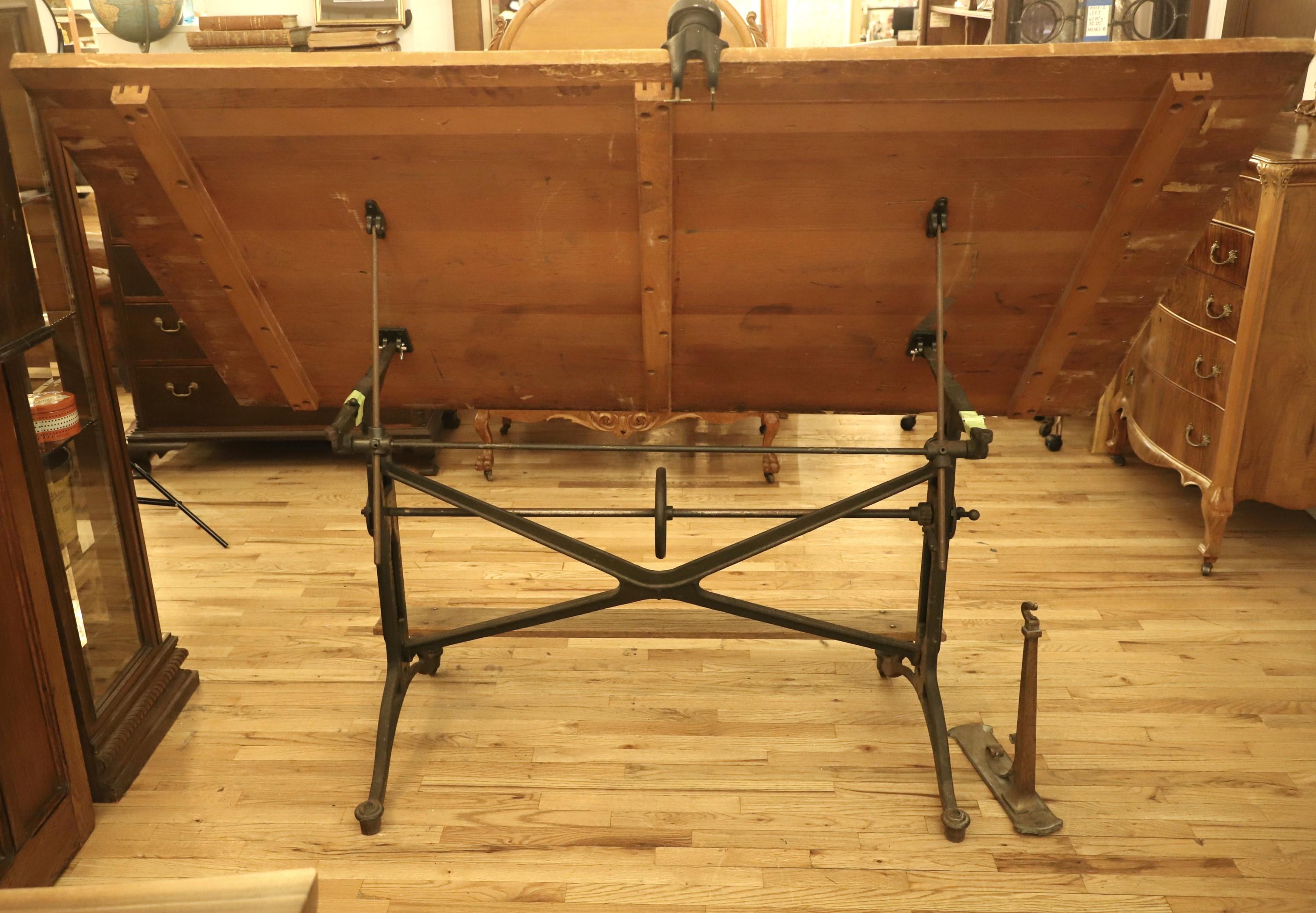 Large Wood Drafting Table Adjust Wheel Cast Iron Base 1