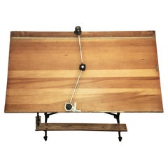Antique Large Wood Drafting Table Adjust Wheel Cast Iron Base