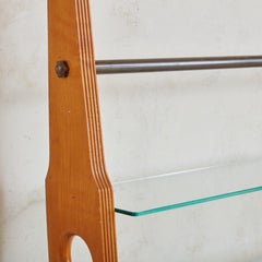 Large Wood + Glass Wall Mounted Shelf with Brass Details, Italy 1950s
