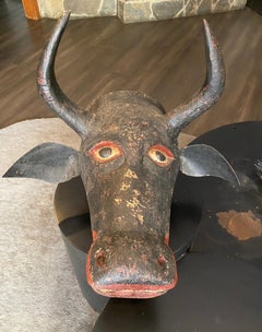 Large Wood Mid-Century Spanish Folk Art Black Toro Bravo Bull Sculpture Mask