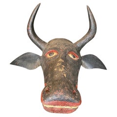 Large Wood Mid-Century Spanish Folk Art Black Toro Bravo Bull Sculpture Mask