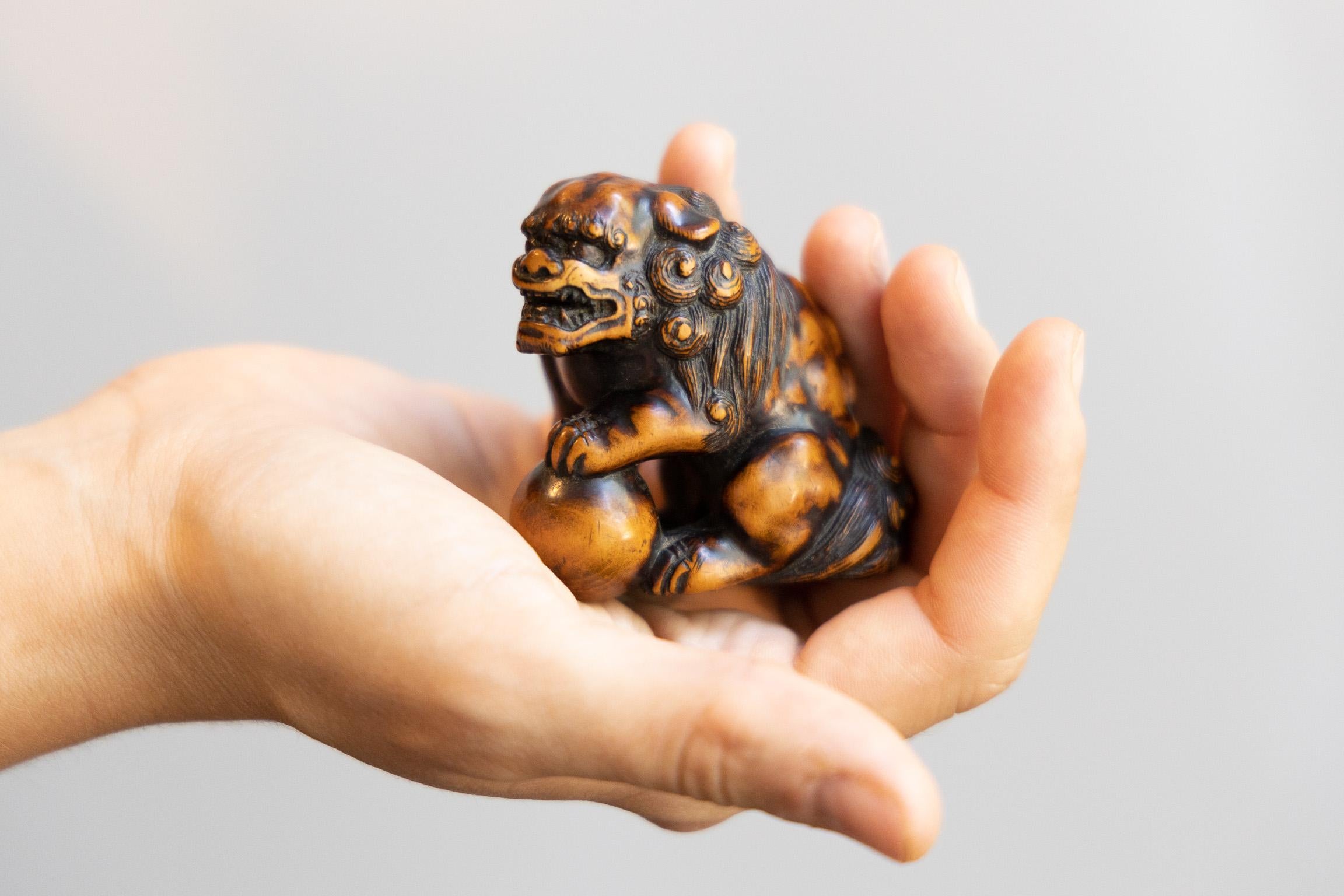 Large Wood Netsuke of a Shishi In Good Condition For Sale In Milano, IT