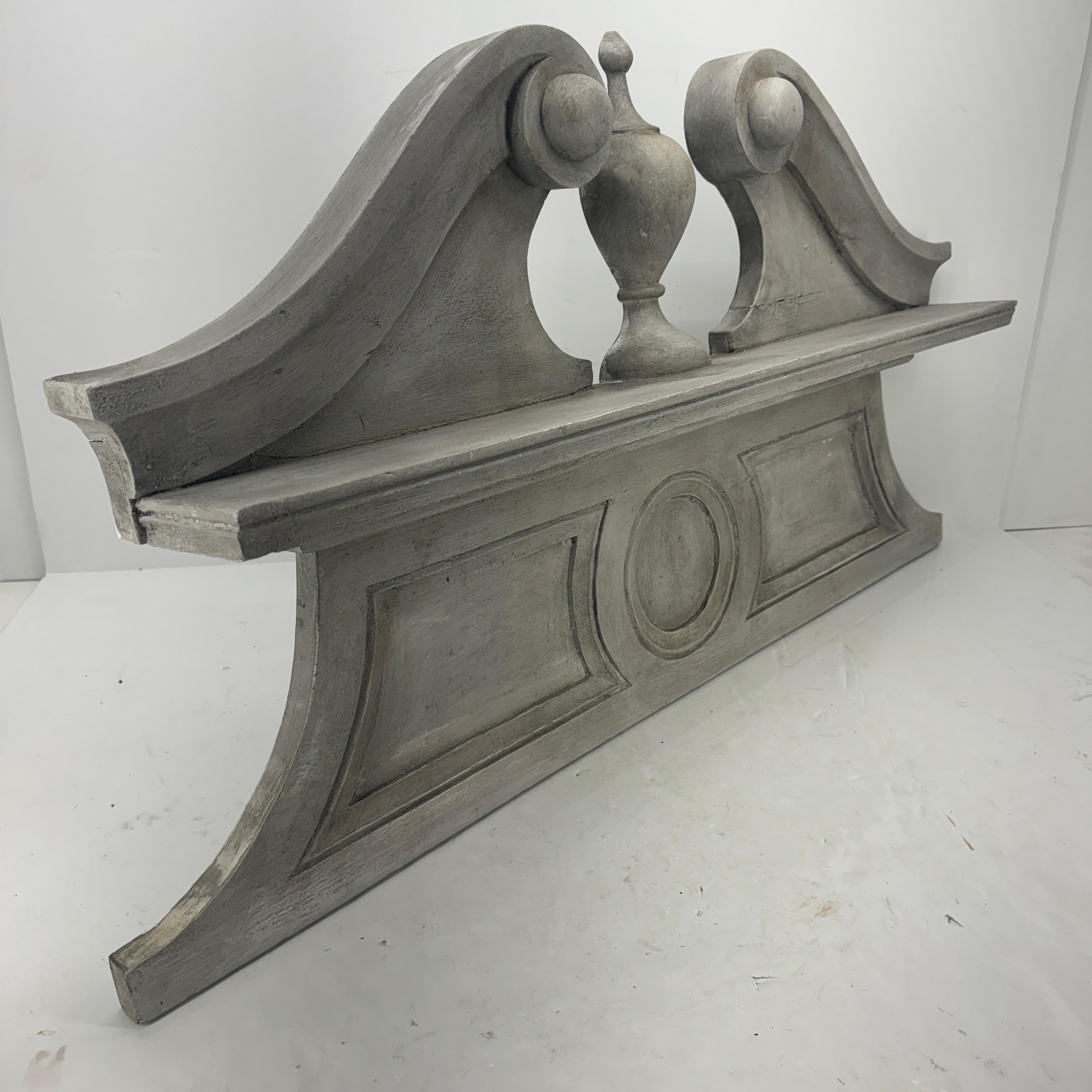 Hand-Carved Large Wood Painted Carved Architectural Wall Pediment Fragment For Sale