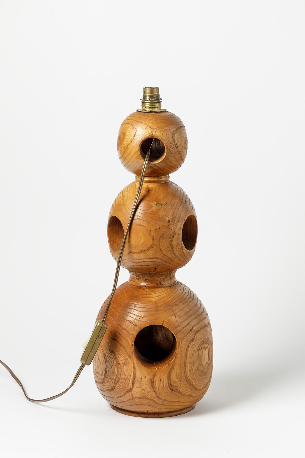 French Large Wood Sculptural Lamp with Holes XXth Century Design Unique Lighting 1970 For Sale