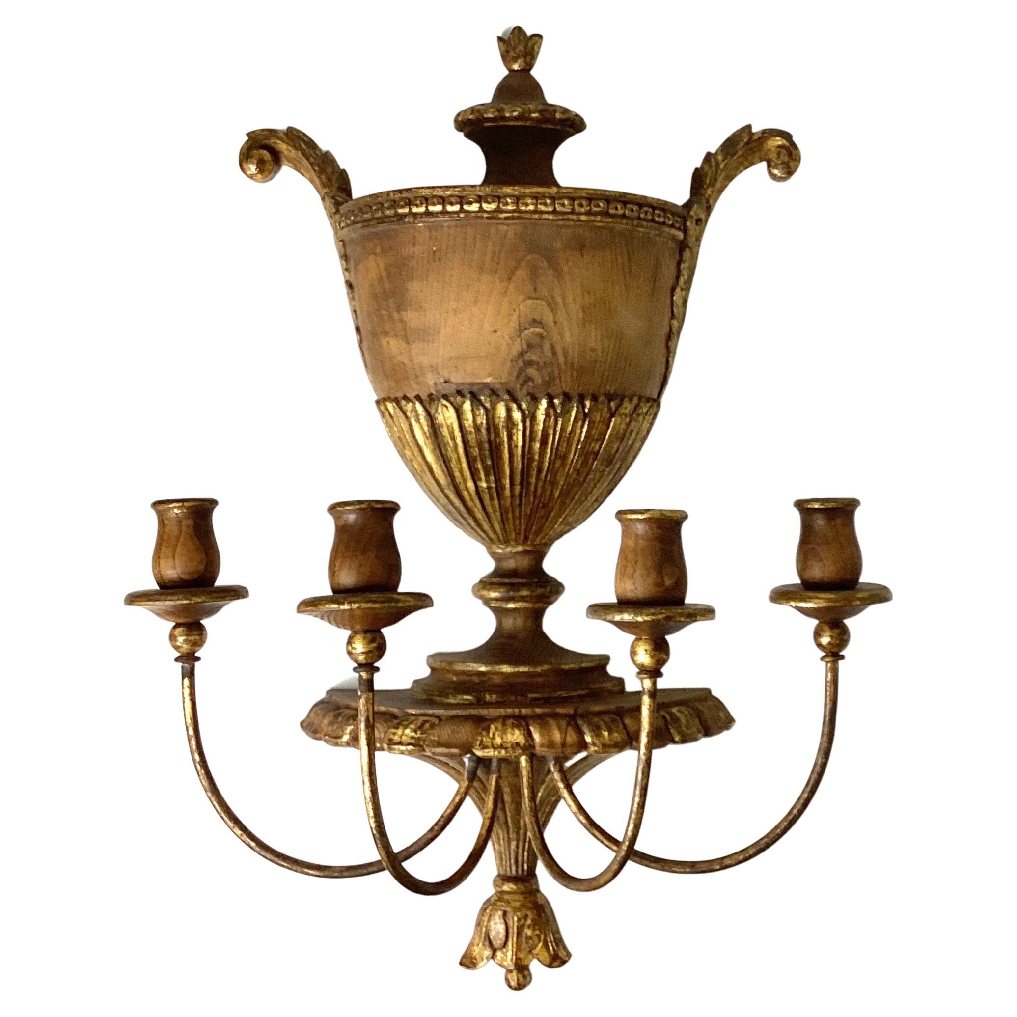 Large Wood with Gold Gilt Four Light Urn Form Wall Sconce For Sale