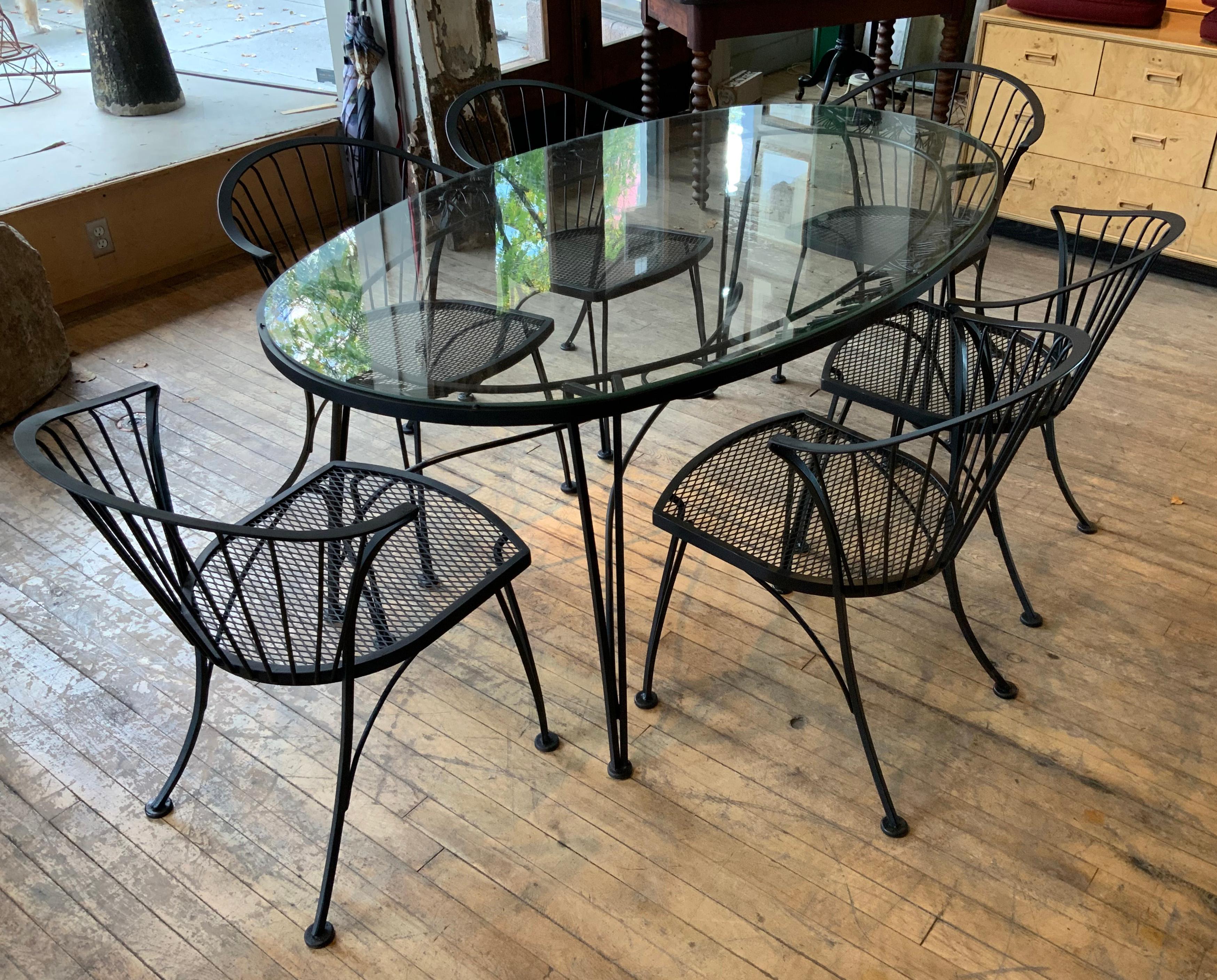Wrought Iron Large Woodard 1950s Pinecrest Oval Dining Table and Set of Six Chairs