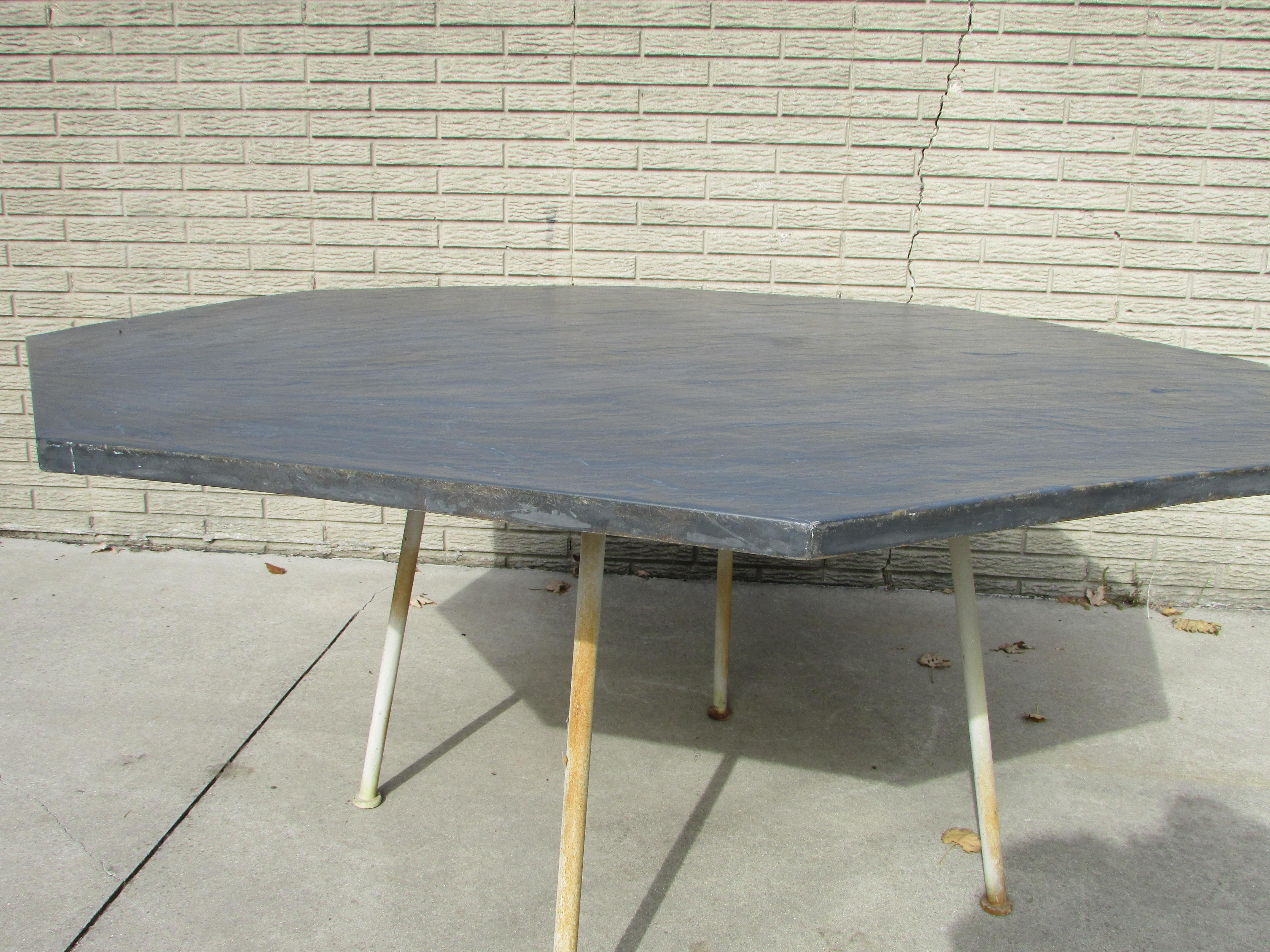 Large Woodard Faux Slate Top Dining Table on Wrought Iron Base Warehouse Special For Sale 4
