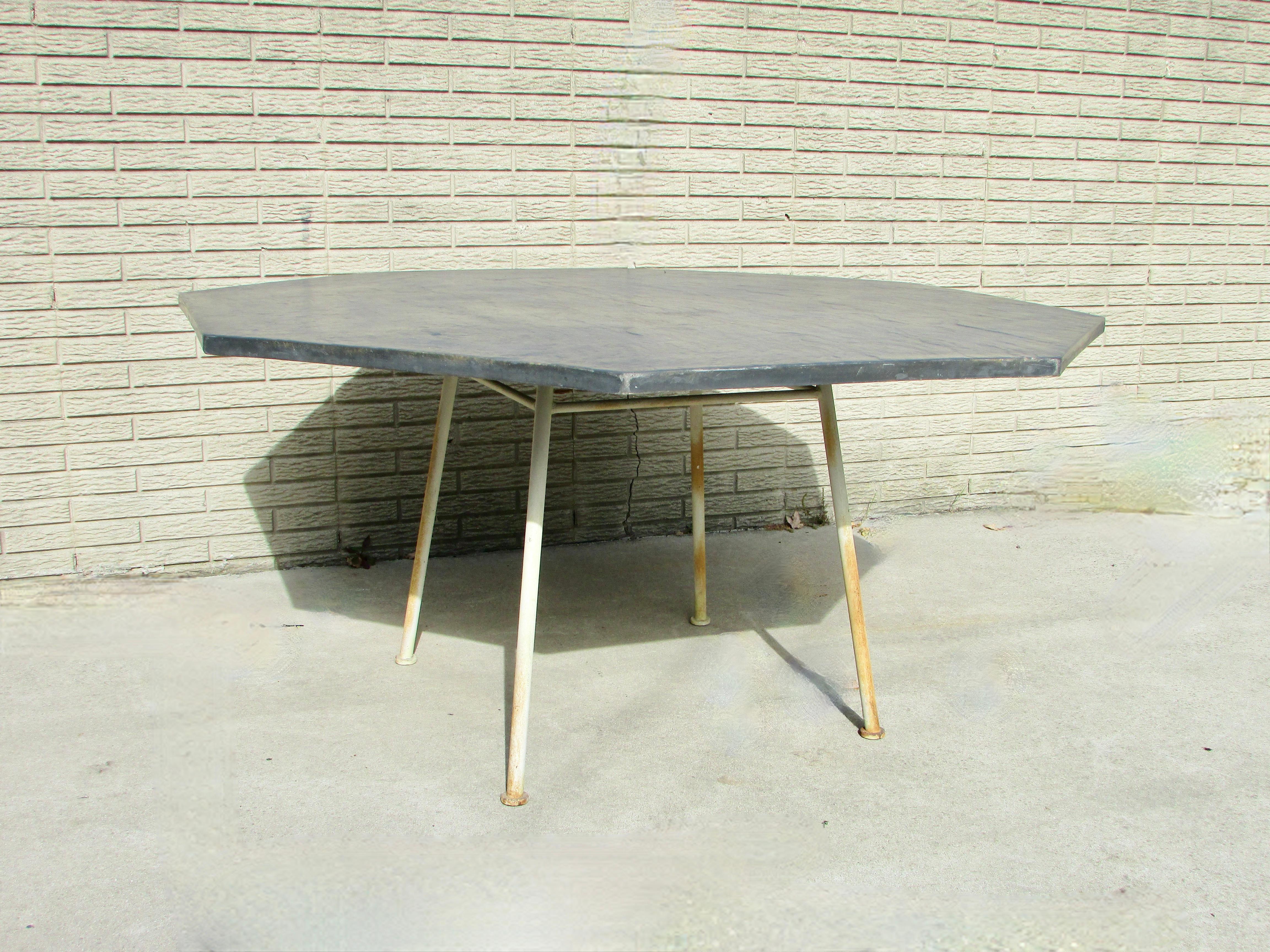 Mid-Century Modern Large Woodard Faux Slate Top Dining Table on Wrought Iron Base Warehouse Special For Sale
