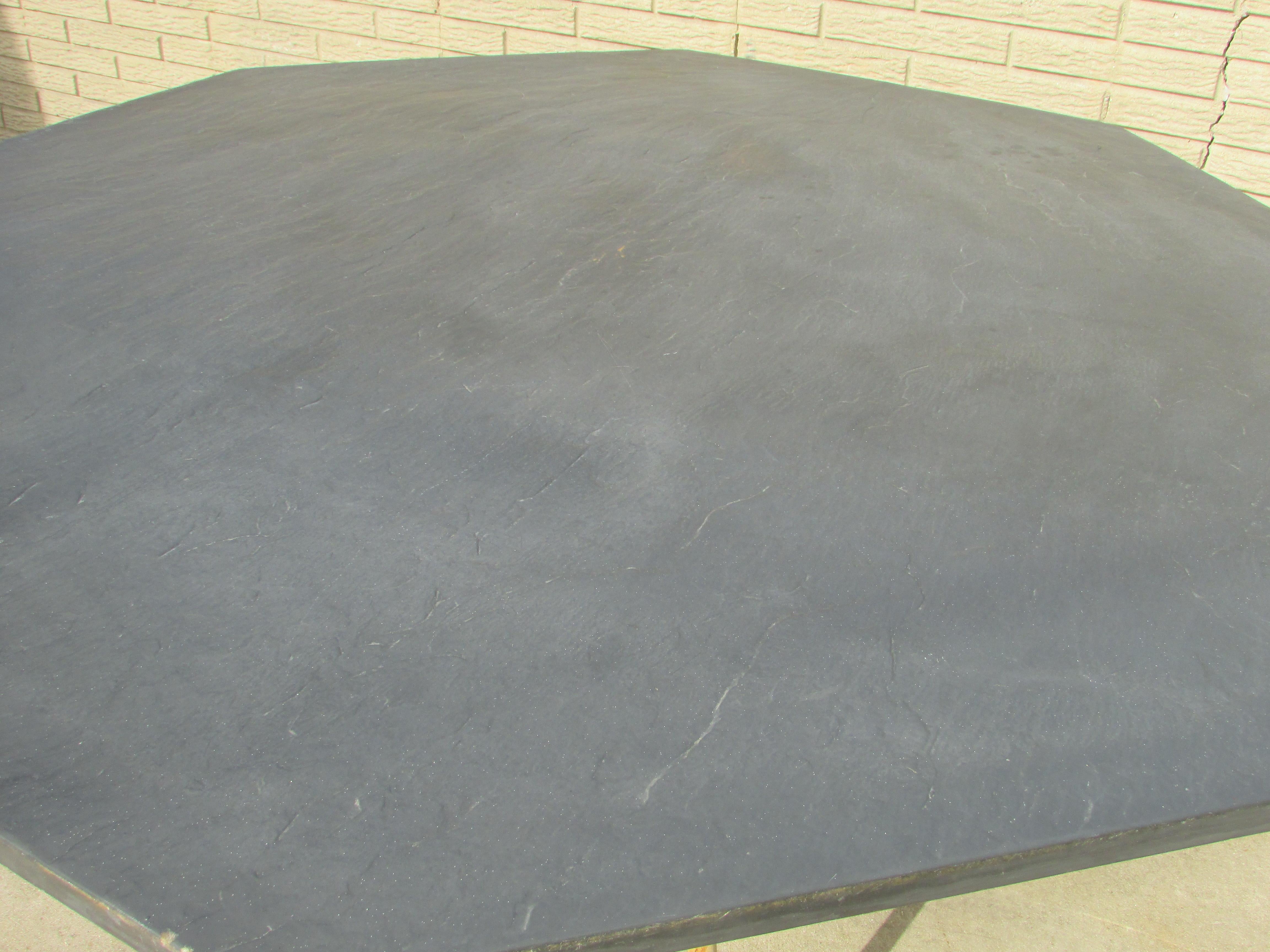Large Woodard Faux Slate Top Dining Table on Wrought Iron Base Warehouse Special In Good Condition For Sale In Ferndale, MI