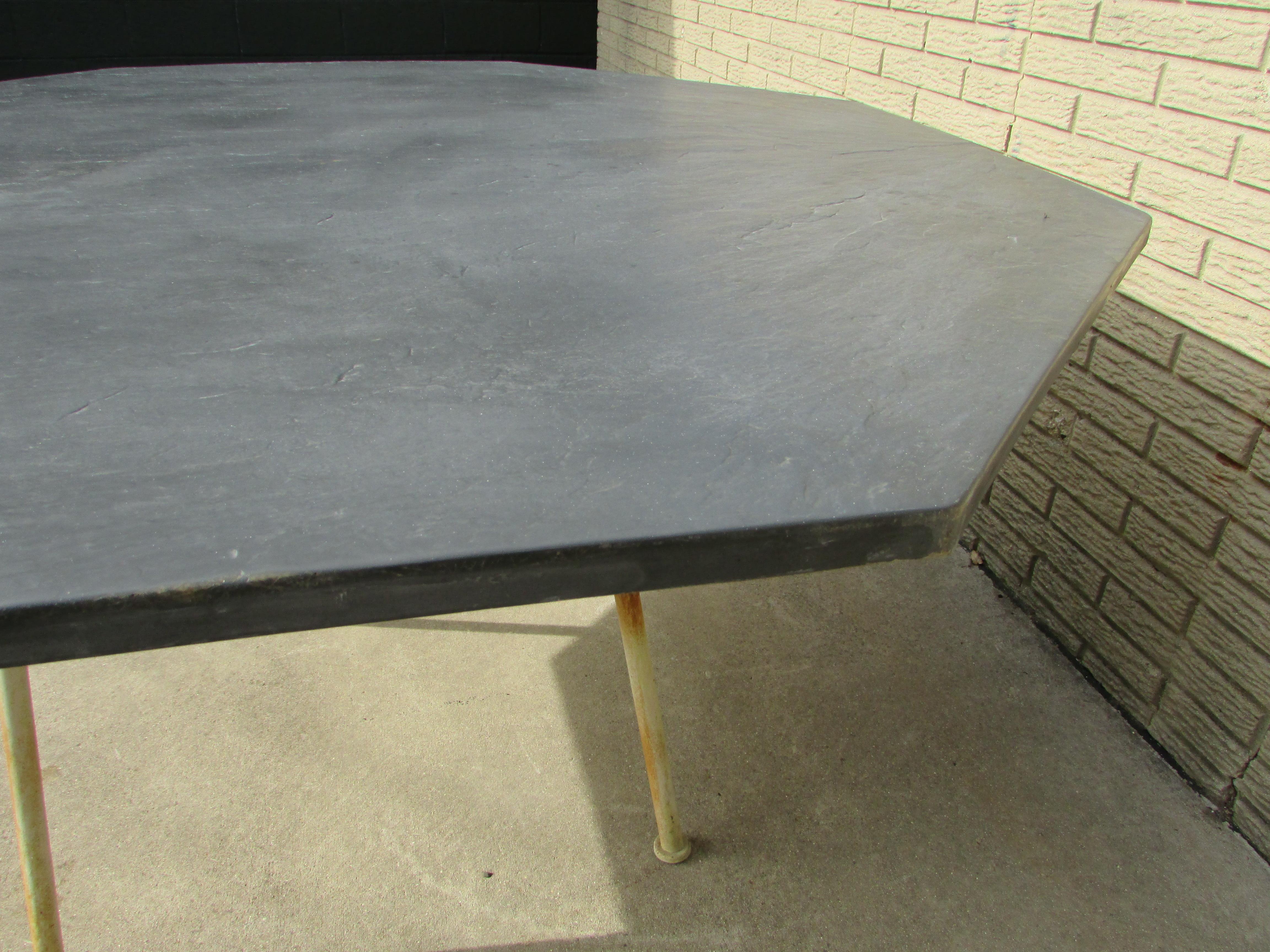 Steel Large Woodard Faux Slate Top Dining Table on Wrought Iron Base Warehouse Special For Sale